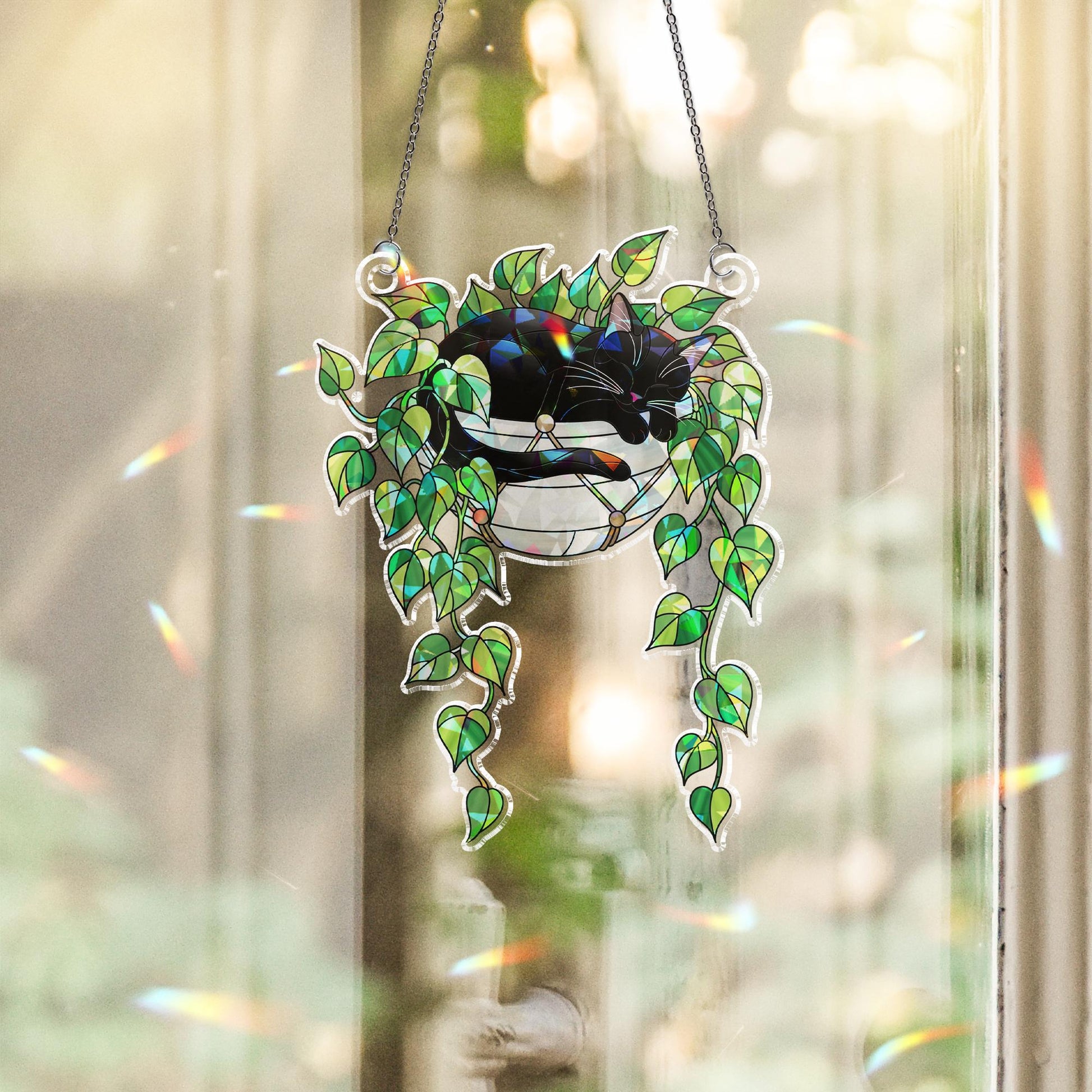 Black Cat Sleeping on Philodendron Hologram Ornament | Cat ACRYLIC Window Hanging | Plant Lover Gift | Ivy Plants Decor, Cozy Cat Decor