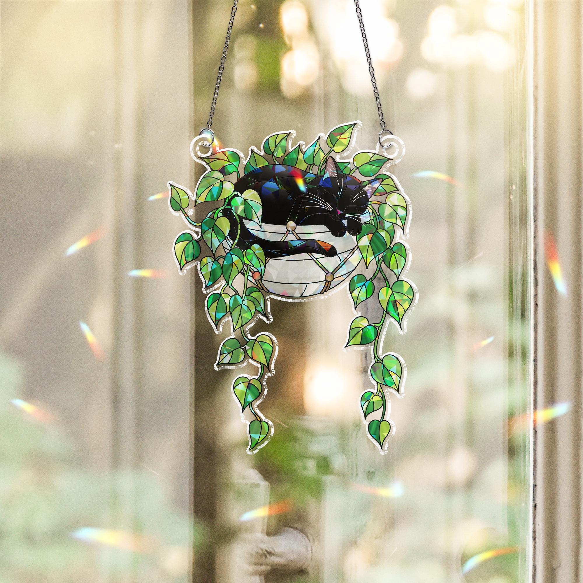Black Cat Sleeping on Philodendron Hologram Ornament | Cat ACRYLIC Window Hanging | Plant Lover Gift | Ivy Plants Decor, Cozy Cat Decor