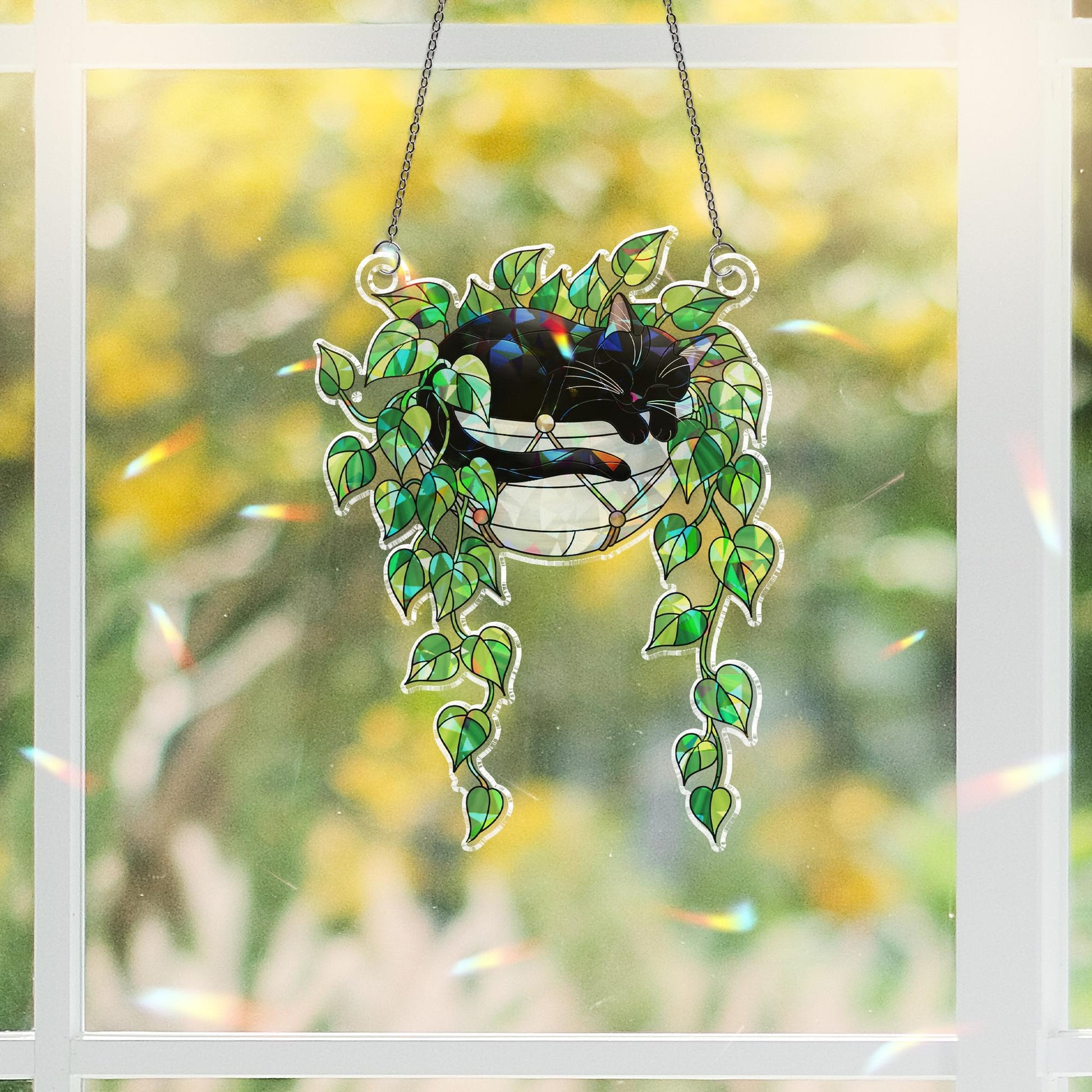 Black Cat Sleeping on Philodendron Hologram Ornament | Cat ACRYLIC Window Hanging | Plant Lover Gift | Ivy Plants Decor, Cozy Cat Decor