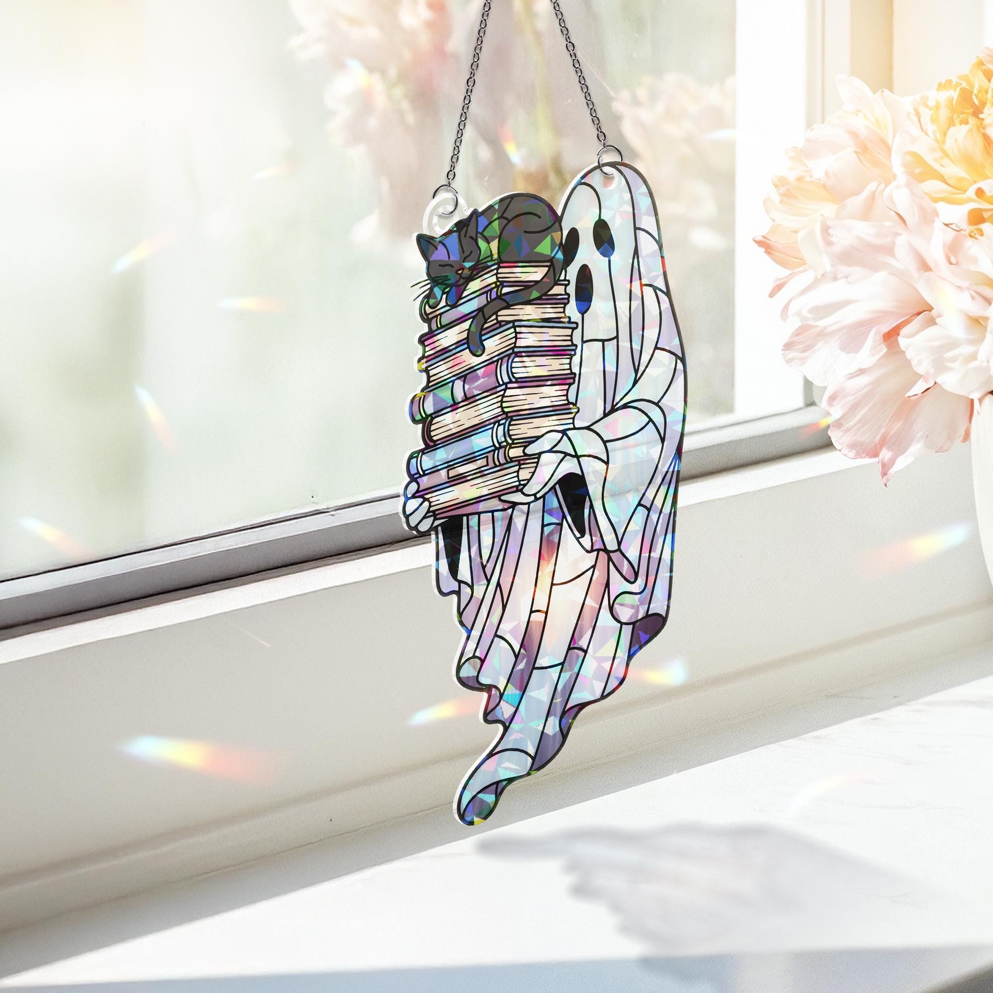 Holographic Ghost Cat Book Suncatcher, Cute Acrylic Window Decor, Spooky Book Lover Gift, Halloween Rainbow ornament