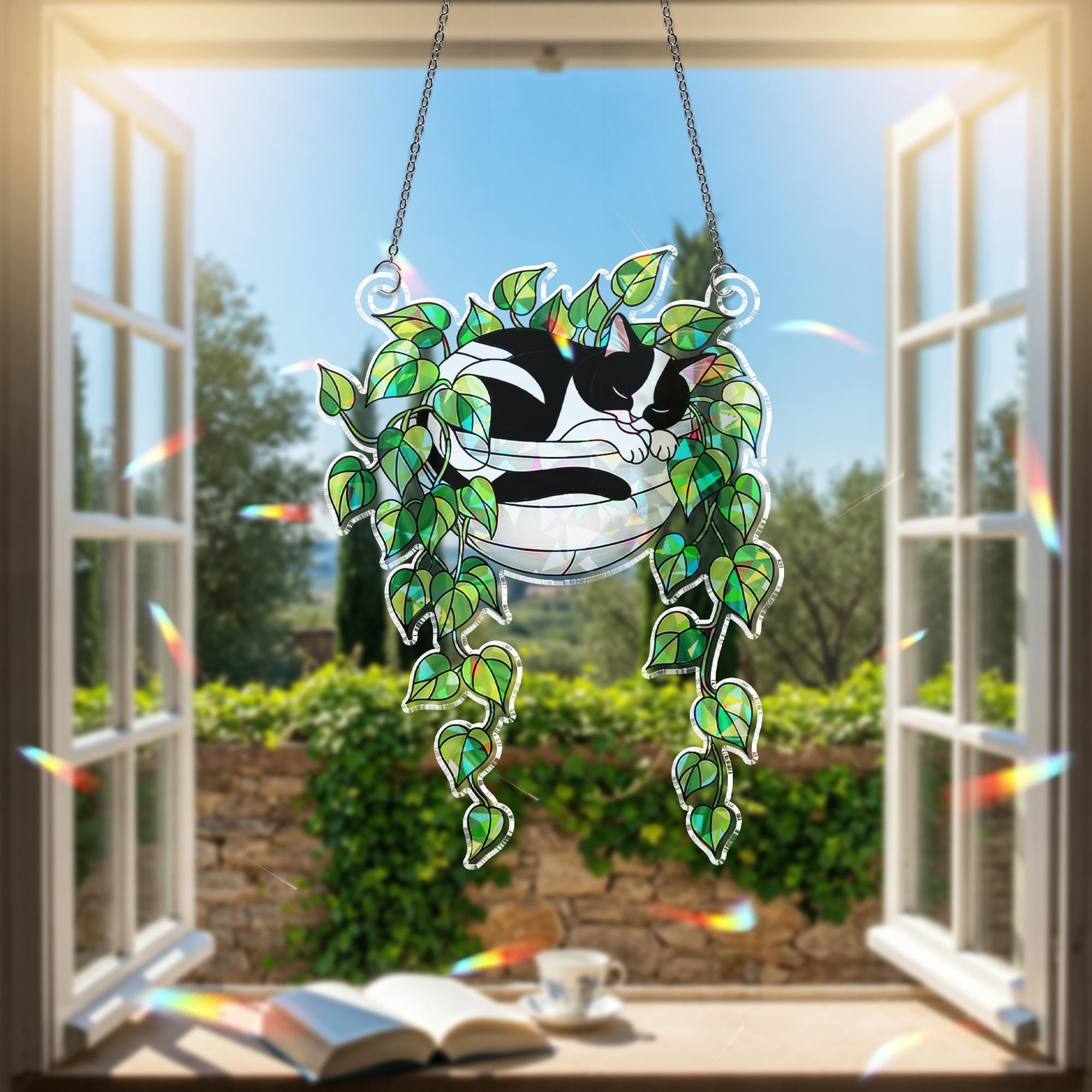 Tuxedo Cat Sleeping on Philodendron Hologram Ornament | Cat ACRYLIC Window Hanging | Plant Lover Gift | Ivy Plants Decor, Cozy Cat Decor