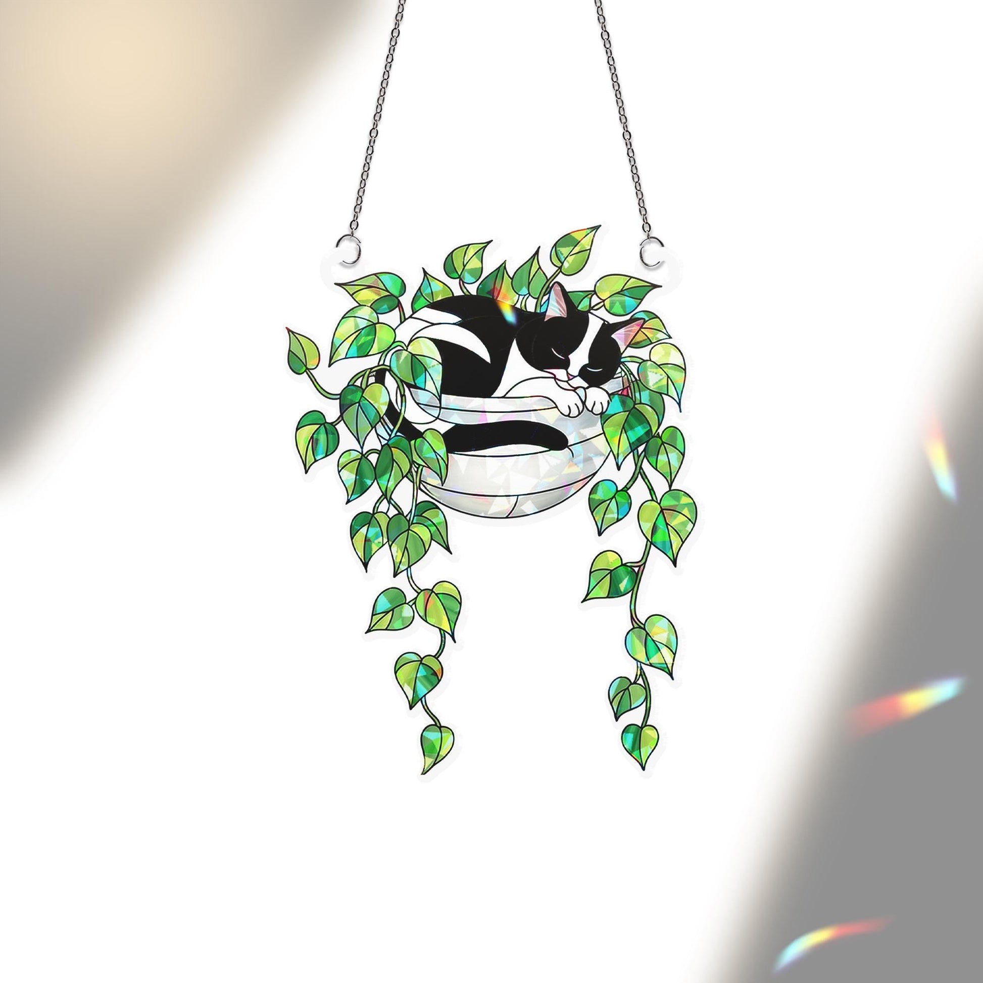 Tuxedo Cat Sleeping on Philodendron Hologram Ornament | Cat ACRYLIC Window Hanging | Plant Lover Gift | Ivy Plants Decor, Cozy Cat Decor