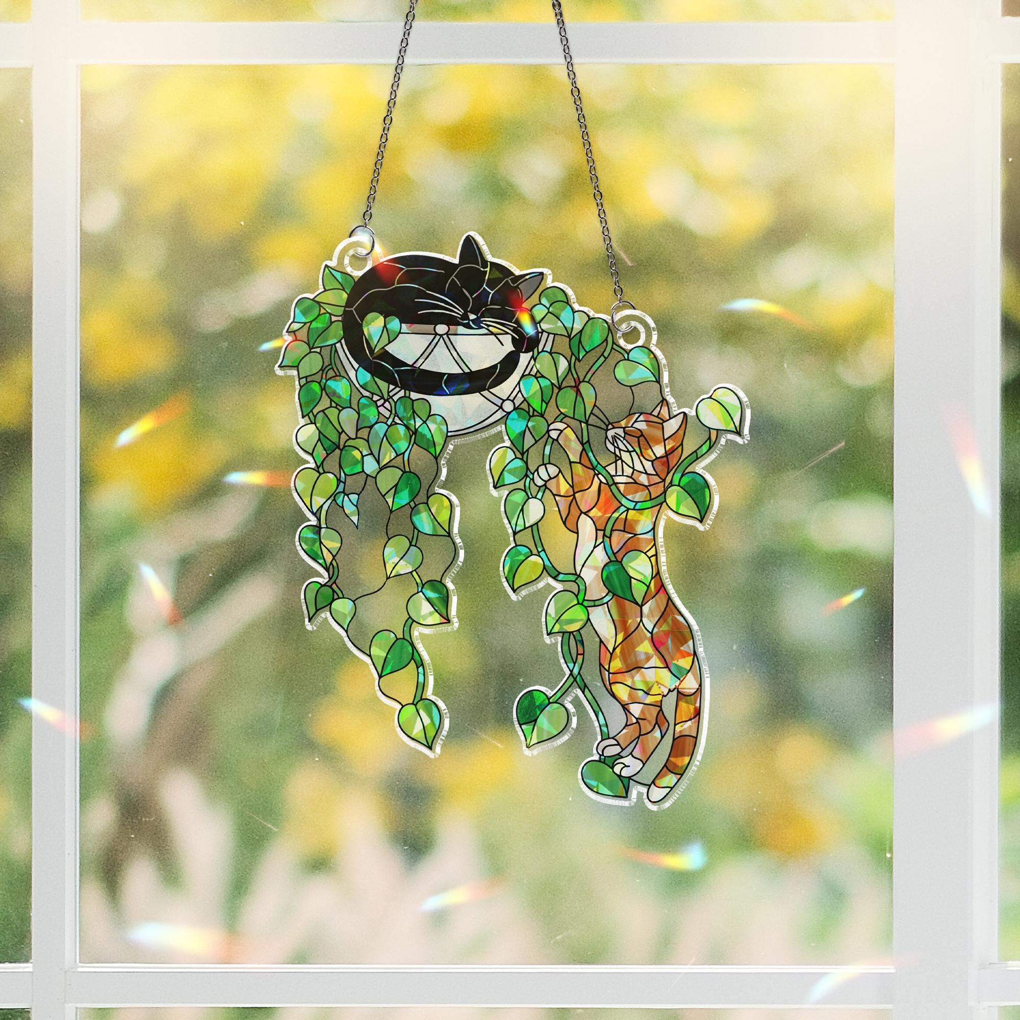 Climbing Cat & Sleeping Cat Hologram Ornament – Plant Cat Window Hanging, Cute Plant Decor for Cat Lovers, Funny Indoor Plant Art, Cat Plant
