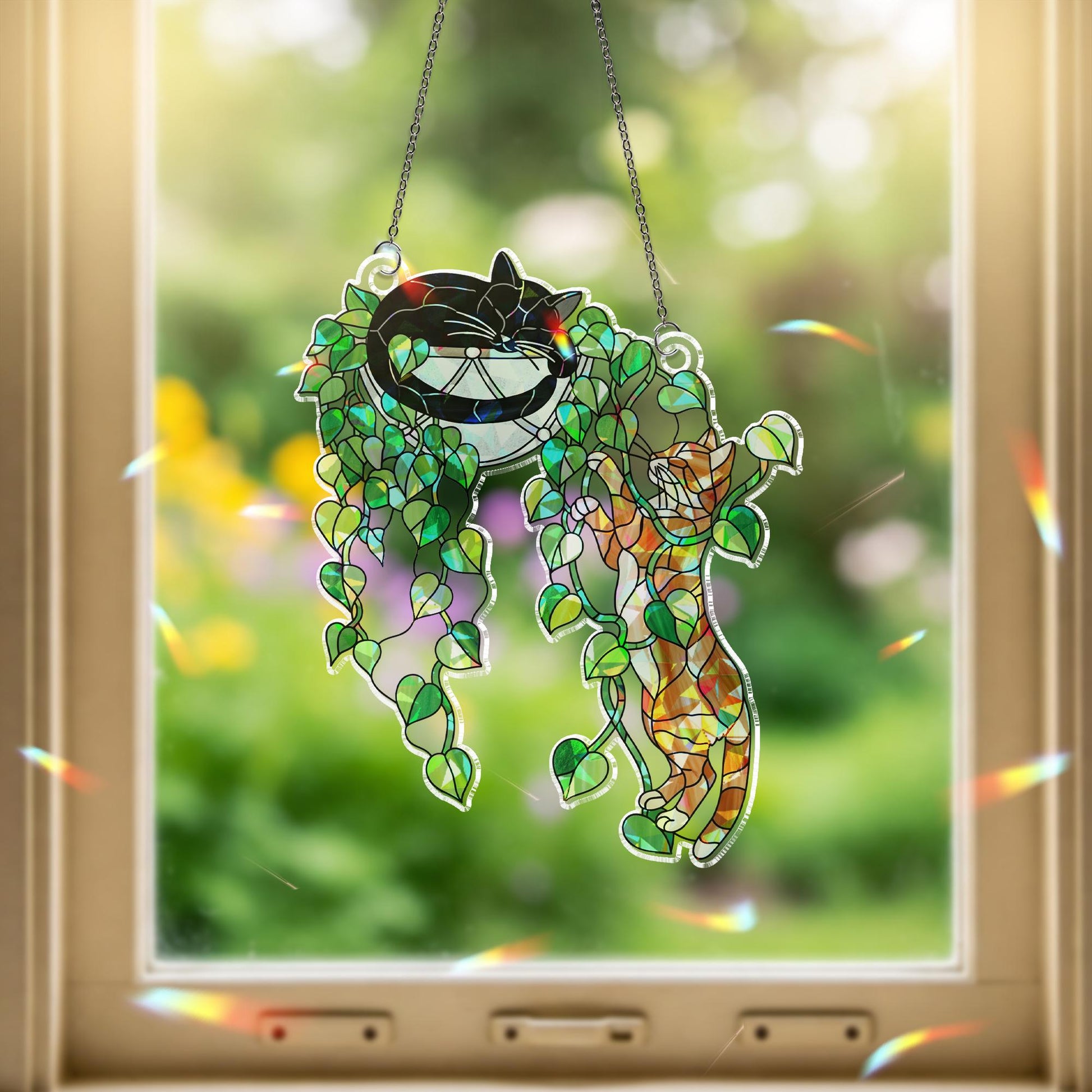 Climbing Cat & Sleeping Cat Hologram Ornament – Plant Cat Window Hanging, Cute Plant Decor for Cat Lovers, Funny Indoor Plant Art, Cat Plant