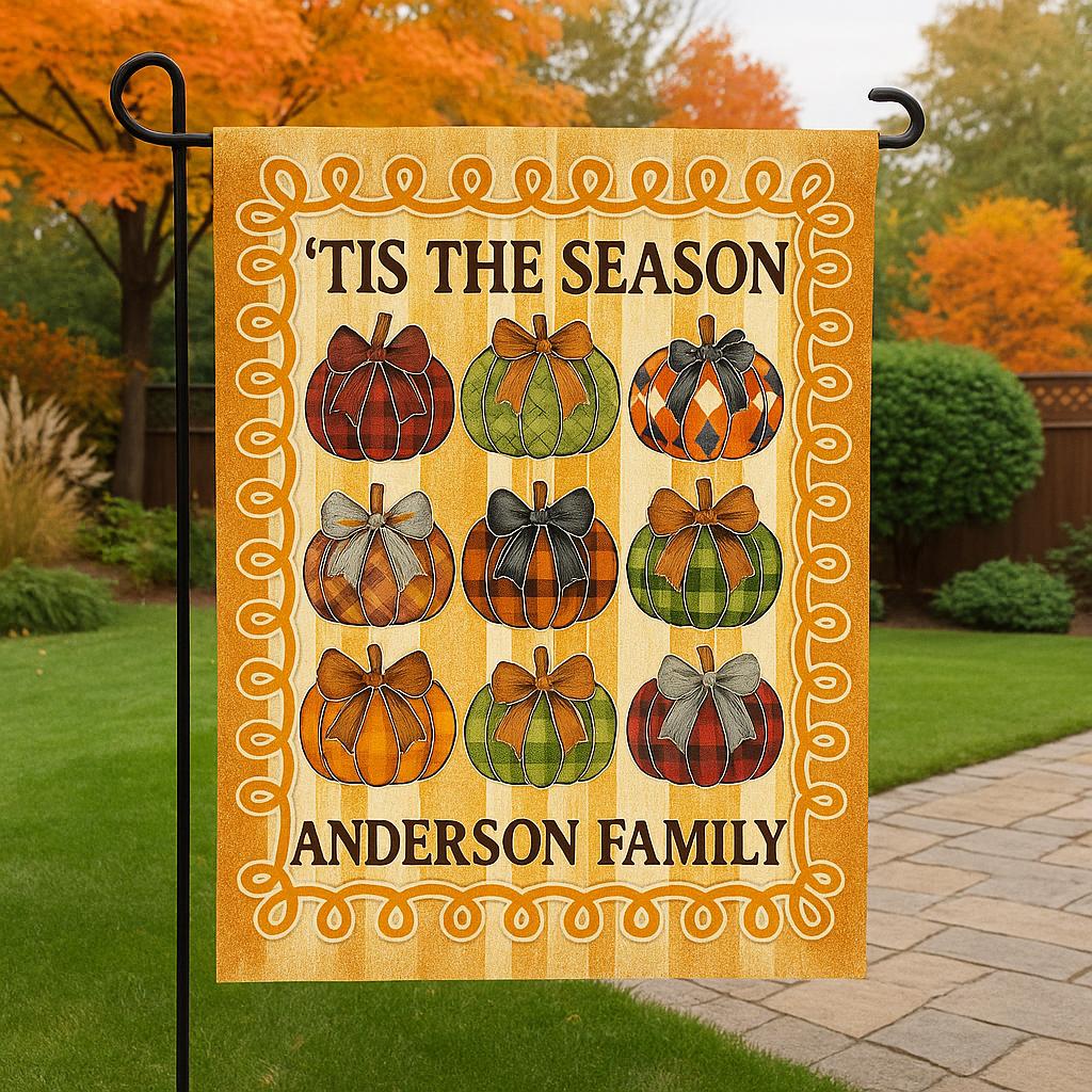 Personalized Fall Garden Flag – Tis The Season Pumpkin Yard Decor – Custom Family Name Autumn Outdoor Sign – Thanksgiving Porch Flag