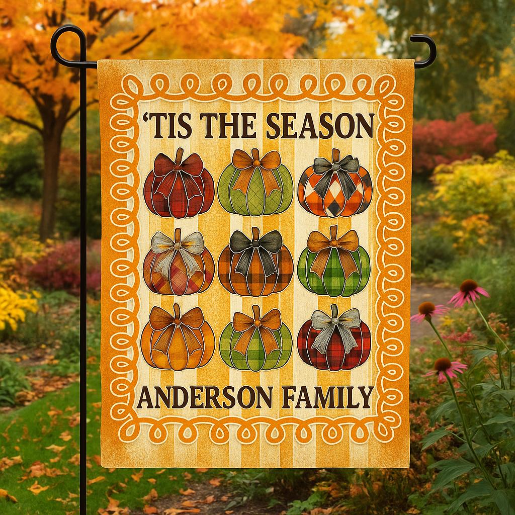 Personalized Fall Garden Flag – Tis The Season Pumpkin Yard Decor – Custom Family Name Autumn Outdoor Sign – Thanksgiving Porch Flag