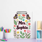 Personalized Faux Glitter Floral Clipboard, Custom Name Teacher Gift, Butterfly Clipboard for Teacher, Cute School Supplies, Back To School