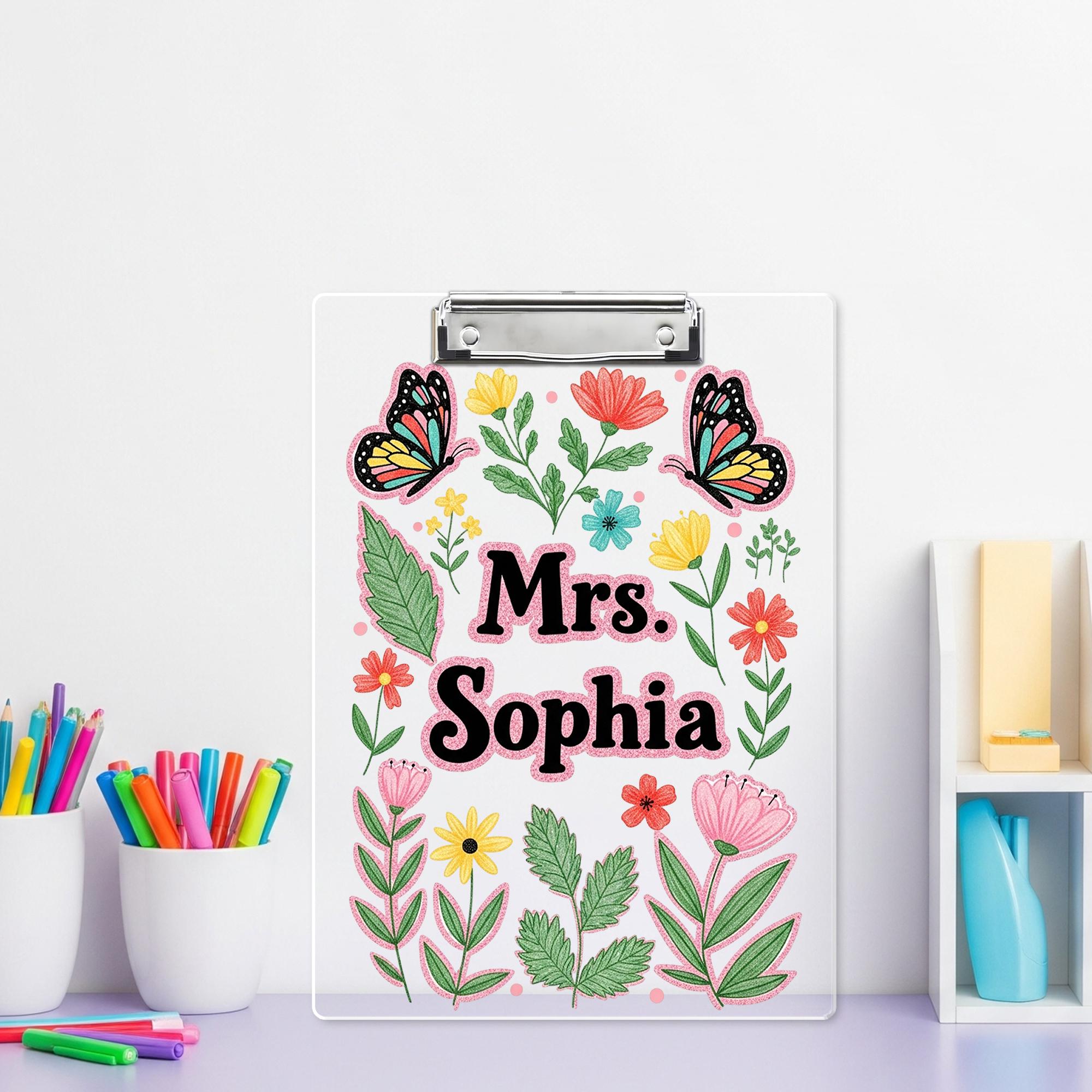 Personalized Faux Glitter Floral Clipboard, Custom Name Teacher Gift, Butterfly Clipboard for Teacher, Cute School Supplies, Back To School