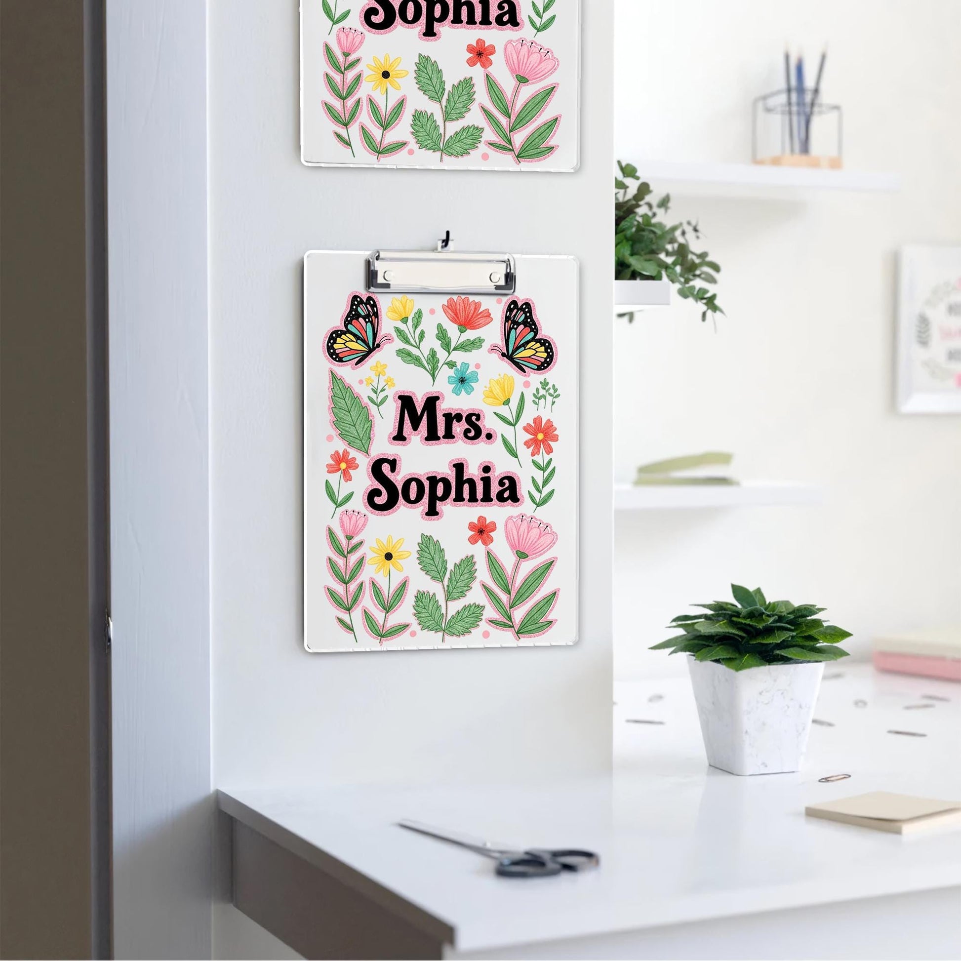 Personalized Faux Glitter Floral Clipboard, Custom Name Teacher Gift, Butterfly Clipboard for Teacher, Cute School Supplies, Back To School
