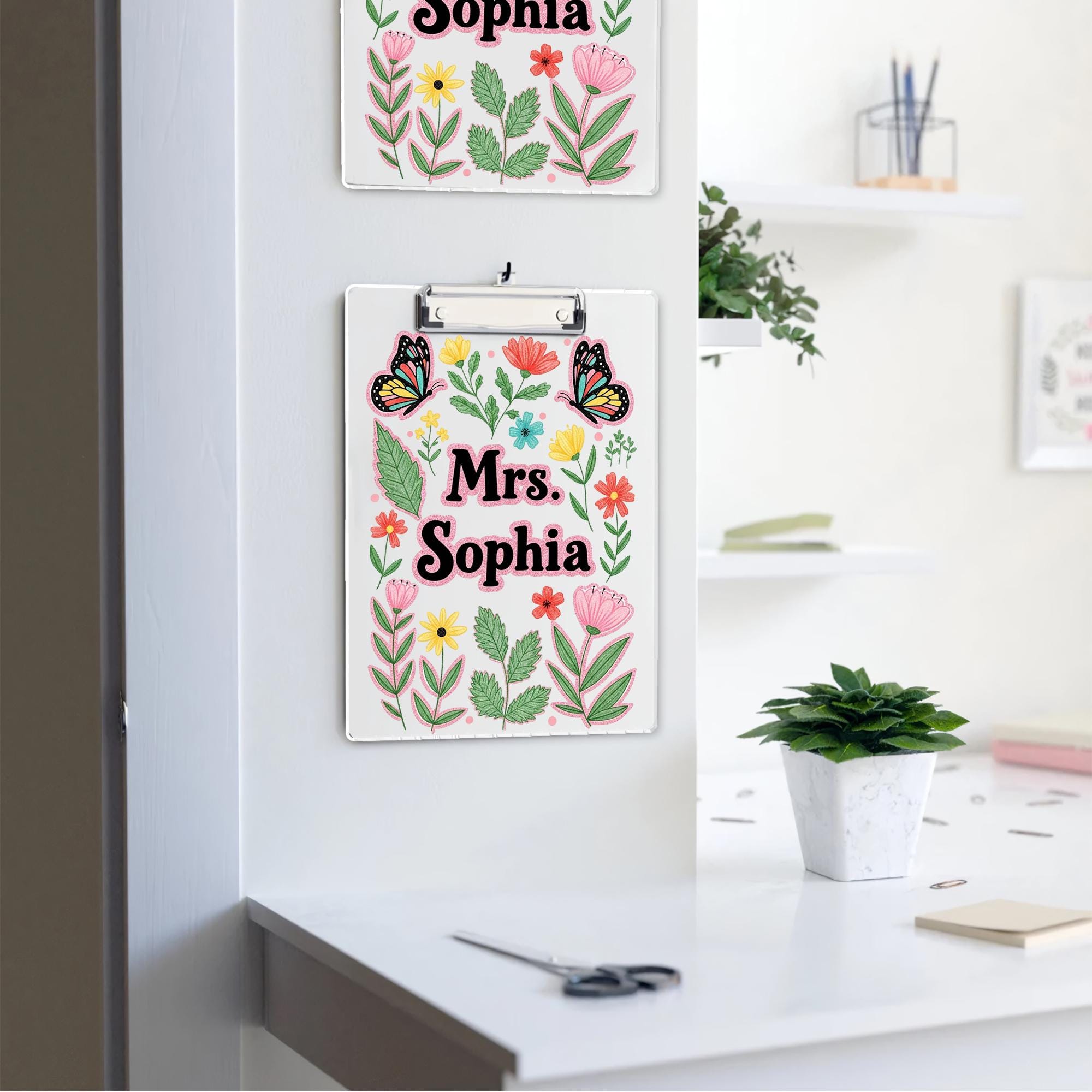 Personalized Faux Glitter Floral Clipboard, Custom Name Teacher Gift, Butterfly Clipboard for Teacher, Cute School Supplies, Back To School
