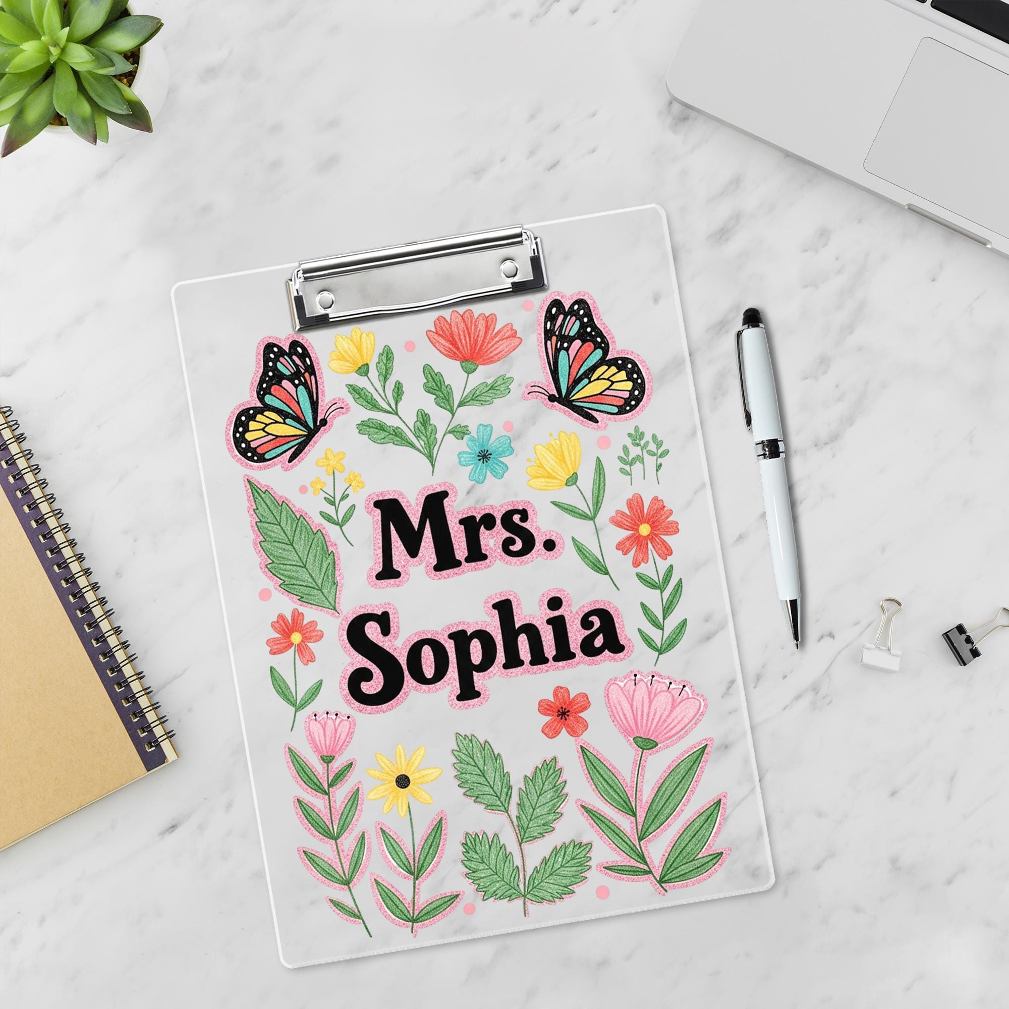 Personalized Faux Glitter Floral Clipboard, Custom Name Teacher Gift, Butterfly Clipboard for Teacher, Cute School Supplies, Back To School