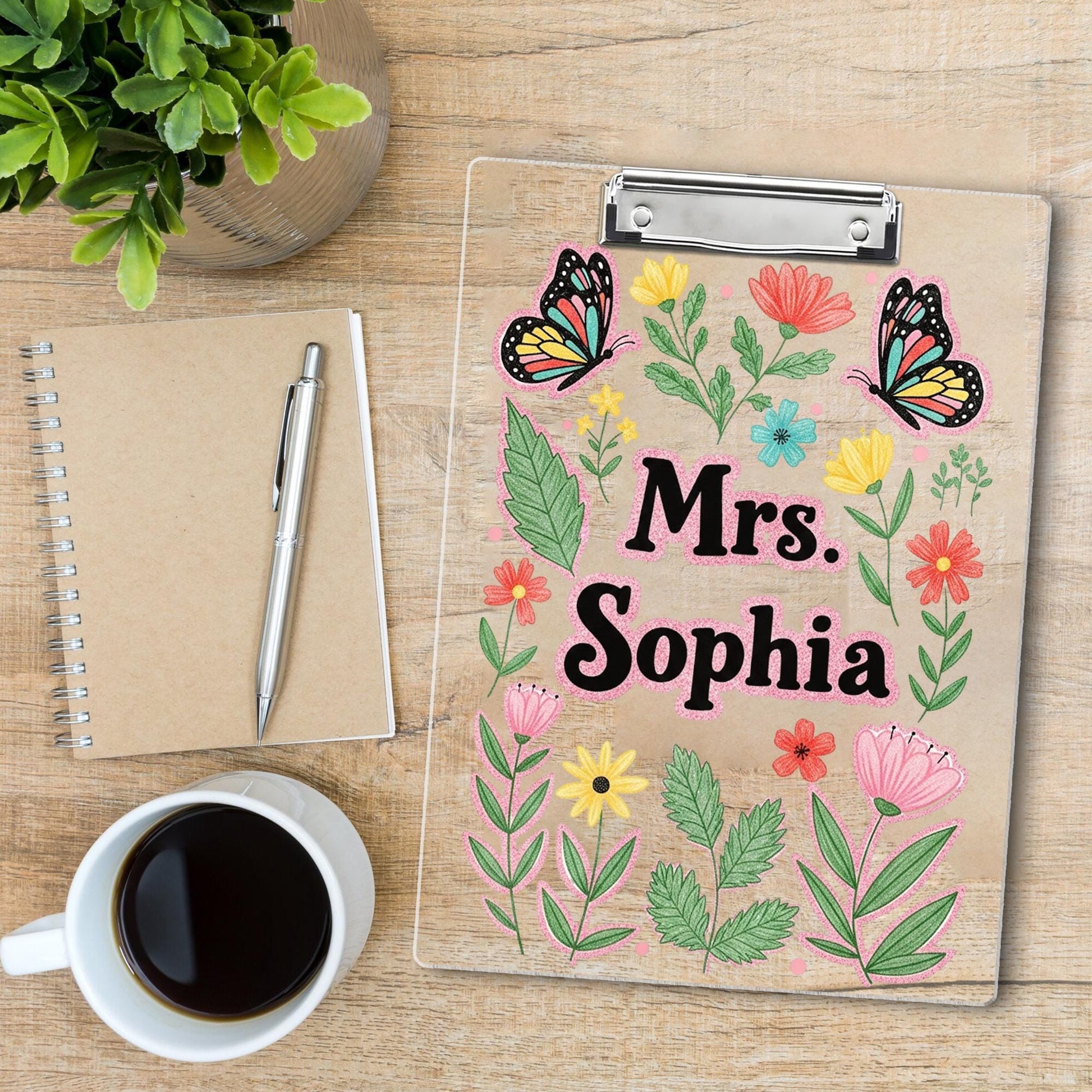 Personalized Faux Glitter Floral Clipboard, Custom Name Teacher Gift, Butterfly Clipboard for Teacher, Cute School Supplies, Back To School