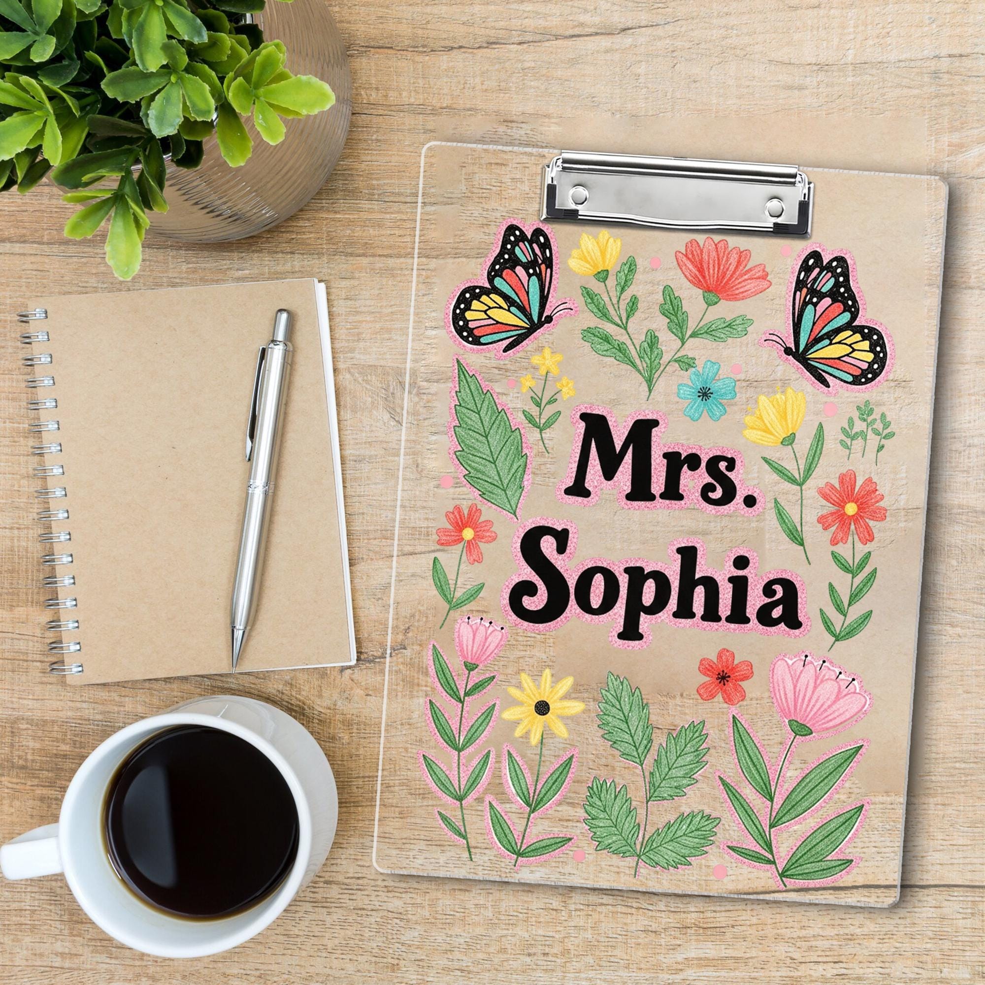 Personalized Faux Glitter Floral Clipboard, Custom Name Teacher Gift, Butterfly Clipboard for Teacher, Cute School Supplies, Back To School