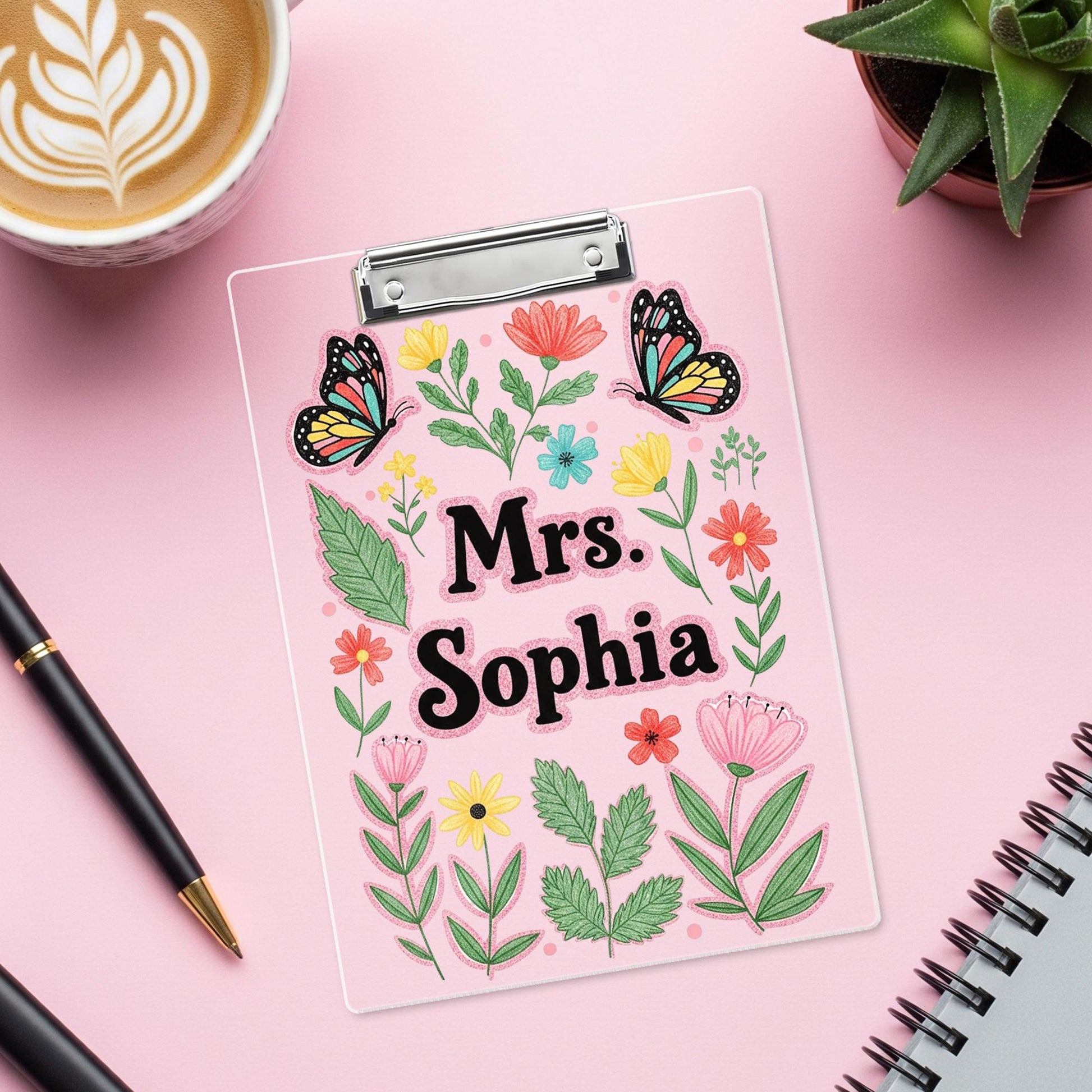 Personalized Faux Glitter Floral Clipboard, Custom Name Teacher Gift, Butterfly Clipboard for Teacher, Cute School Supplies, Back To School