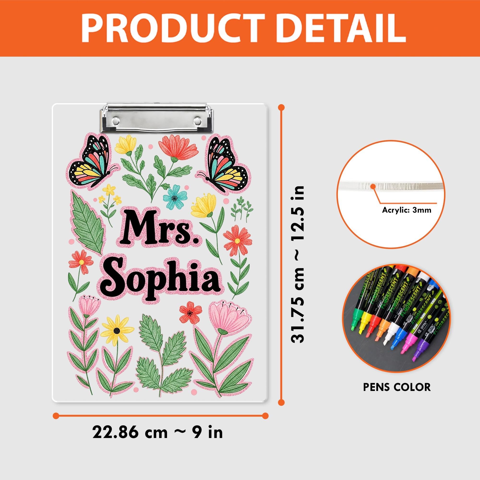 Personalized Faux Glitter Floral Clipboard, Custom Name Teacher Gift, Butterfly Clipboard for Teacher, Cute School Supplies, Back To School