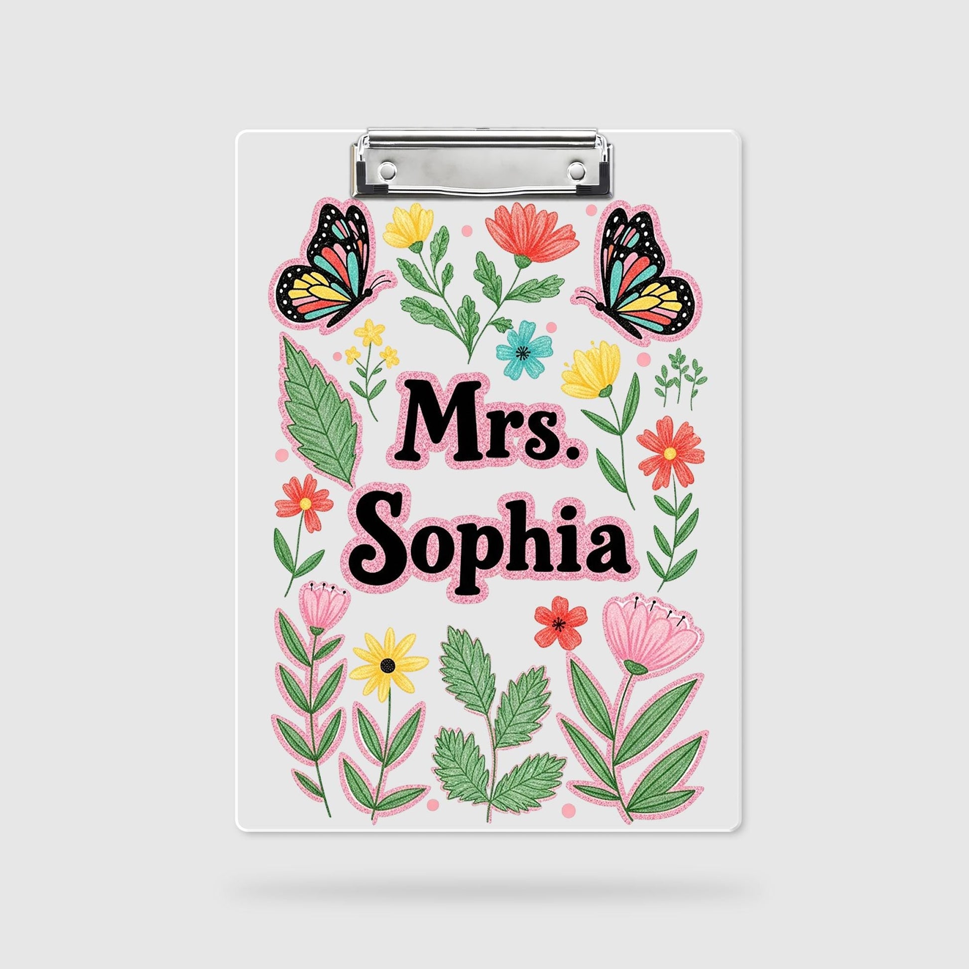 Personalized Faux Glitter Floral Clipboard, Custom Name Teacher Gift, Butterfly Clipboard for Teacher, Cute School Supplies, Back To School