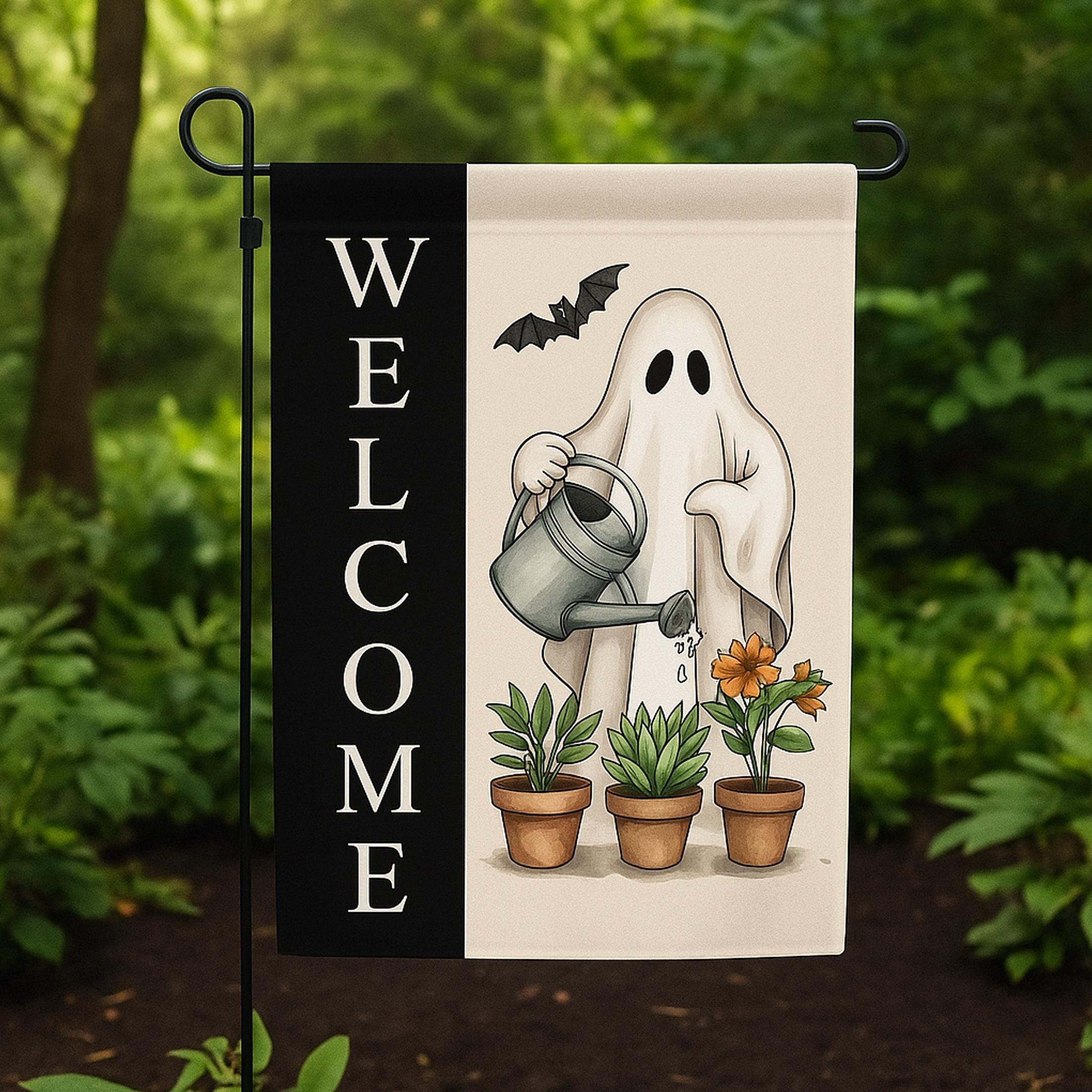 Cute Ghost Garden Flag – Halloween Welcome Yard Sign – Fall Ghost Watering Plants Outdoor Decor – Spooky Funny House Flag