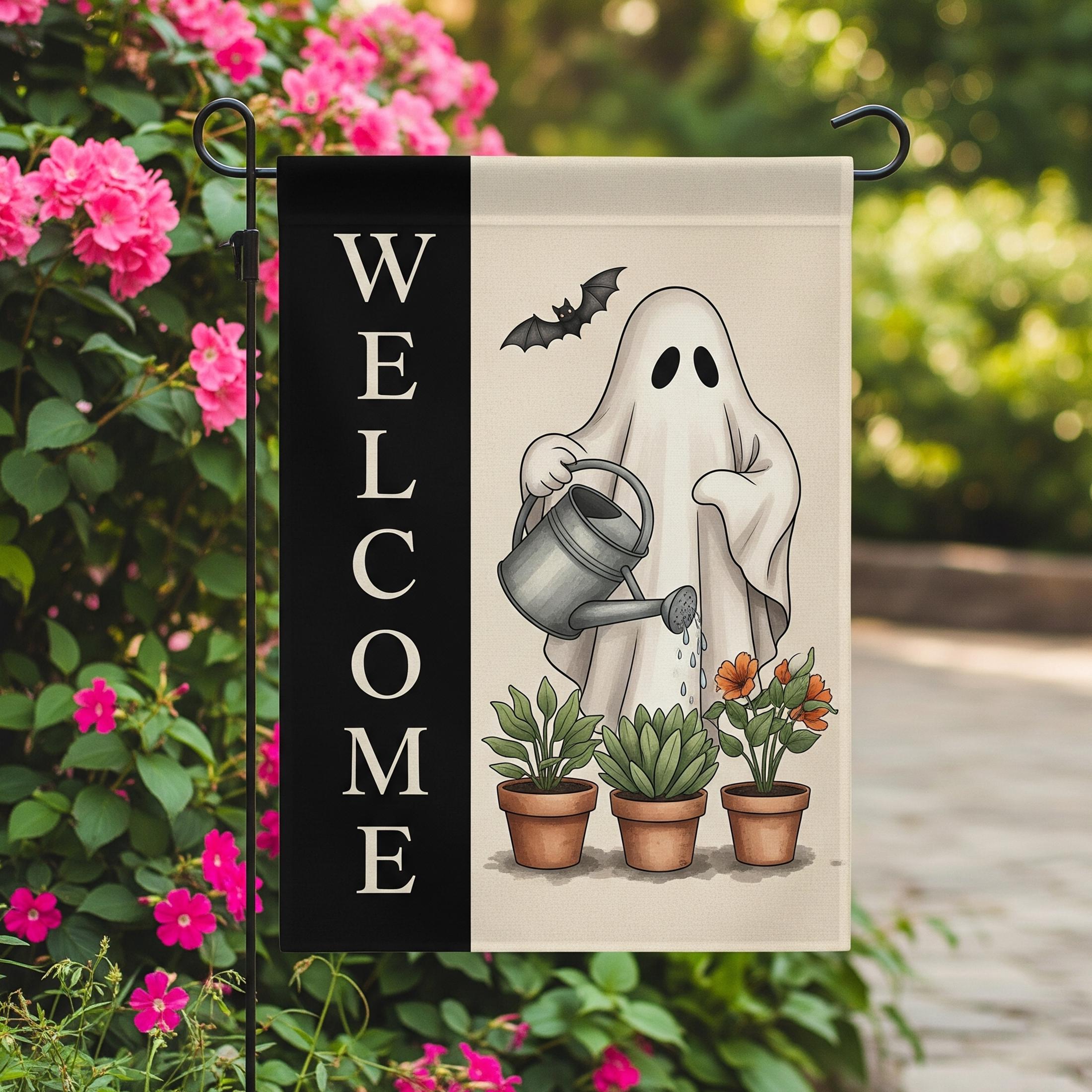 Cute Ghost Garden Flag – Halloween Welcome Yard Sign – Fall Ghost Watering Plants Outdoor Decor – Spooky Funny House Flag