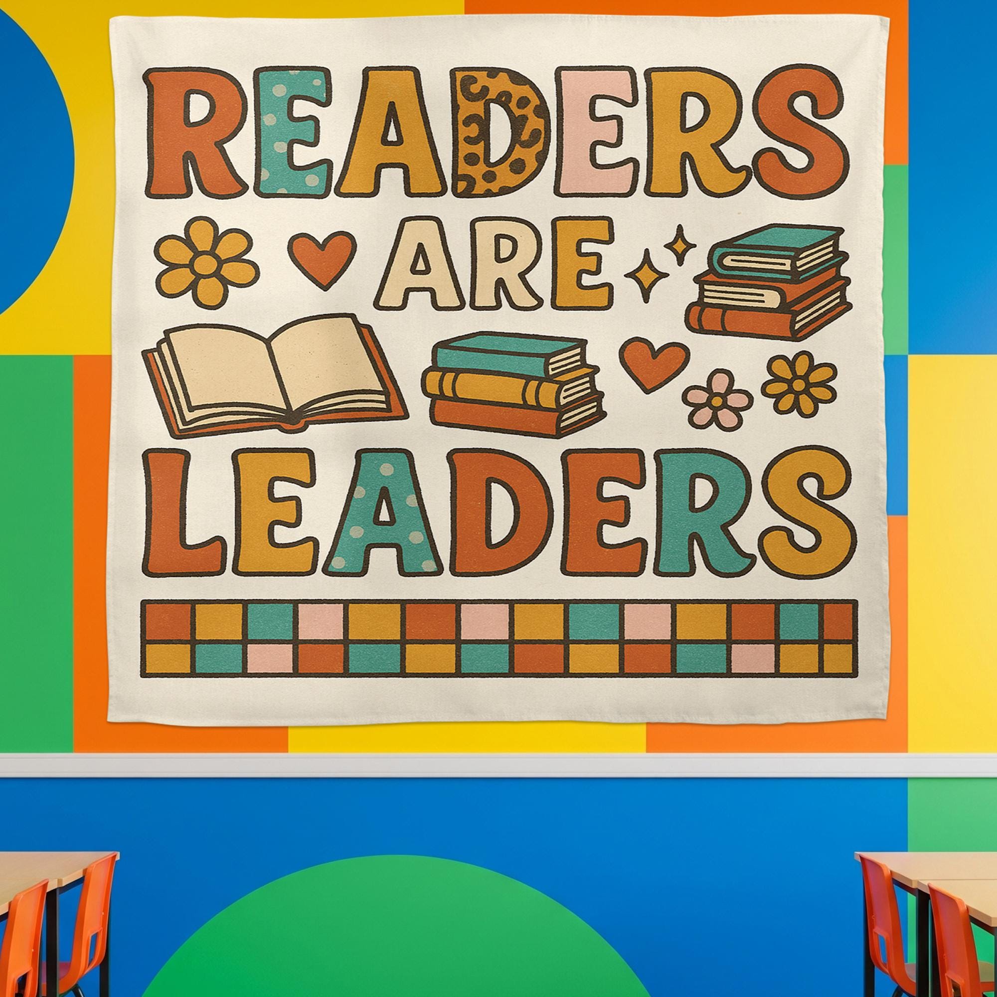 Readers Are Leaders Tapestry, Classroom Reading Wall Decor, Motivational Banner for Kids, Library Teacher Book Corner Sign, Back To School