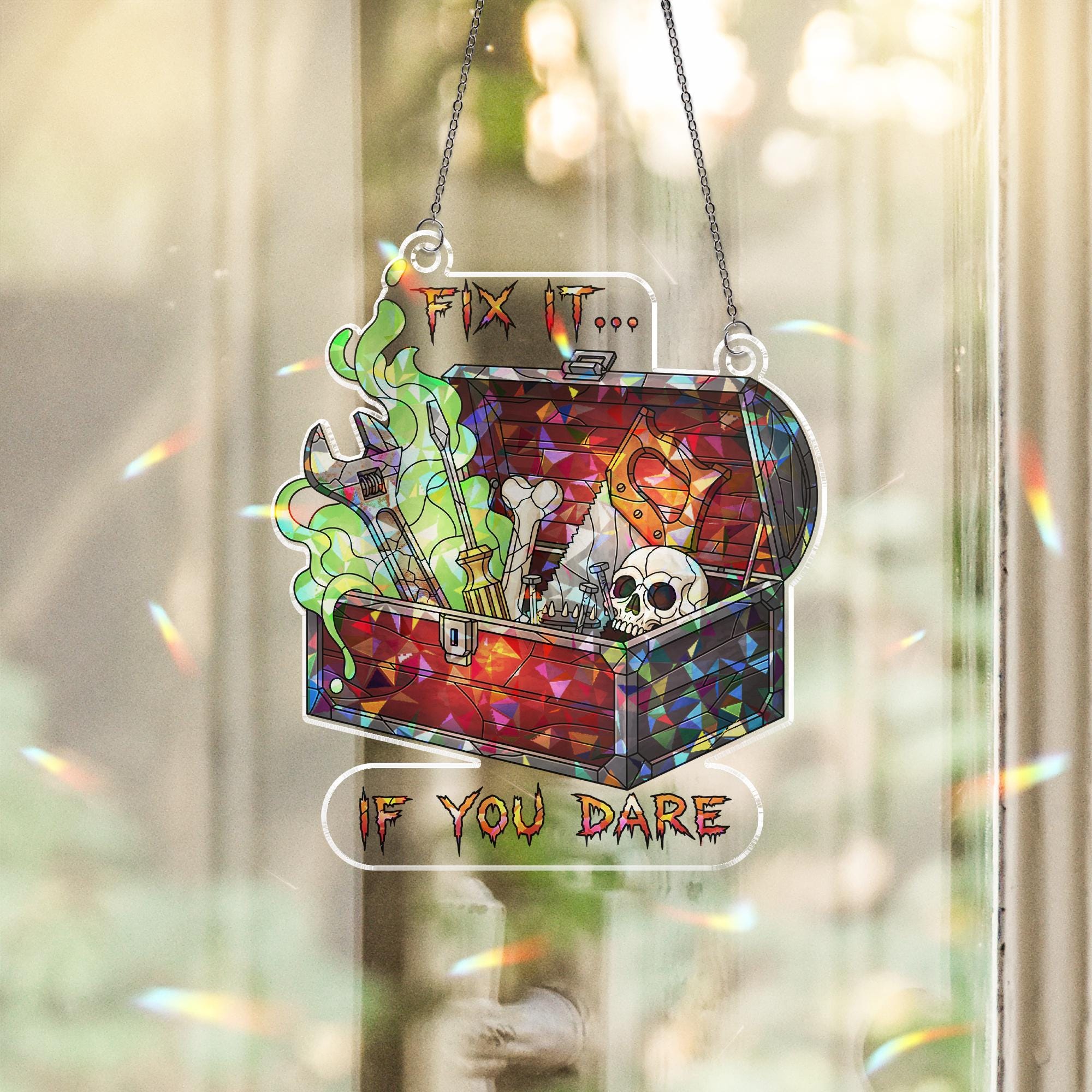 Halloween Toolbox Suncatcher - Fix It If You Dare Creepy Tool Chest Decor - Gothic Workshop Gift