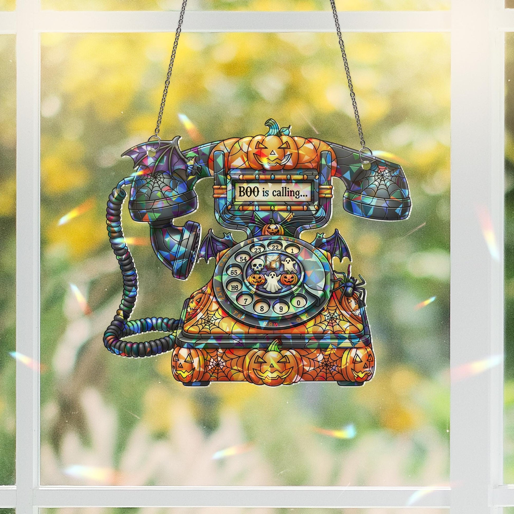 Halloween Phone Suncatcher - Boo Is Calling Retro Spooky Decor - Ghost Pumpkin Window Art