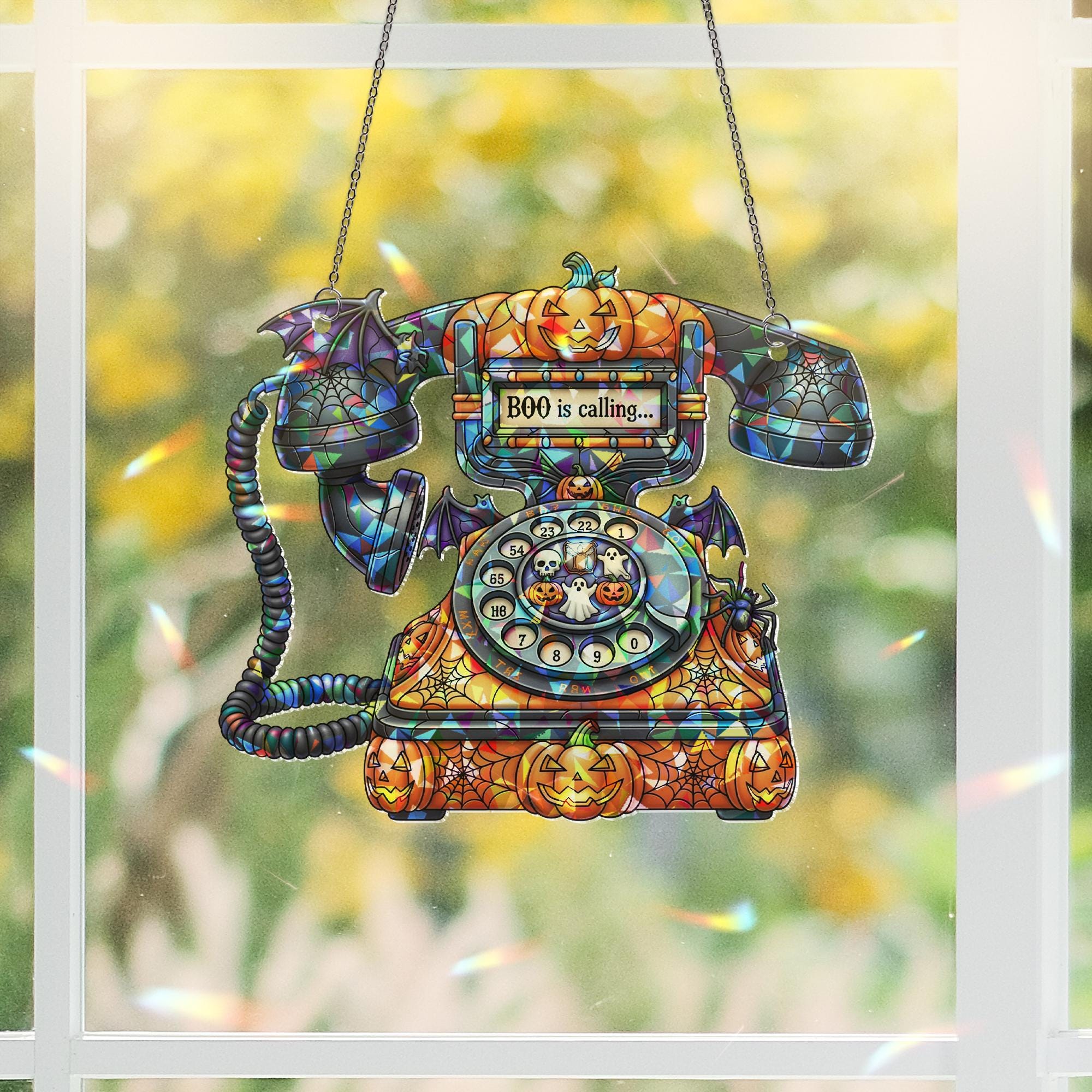 Halloween Phone Suncatcher - Boo Is Calling Retro Spooky Decor - Ghost Pumpkin Window Art