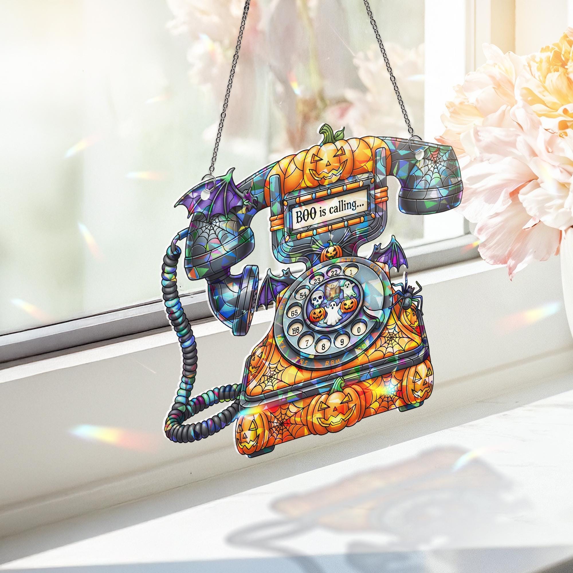 Halloween Phone Suncatcher - Boo Is Calling Retro Spooky Decor - Ghost Pumpkin Window Art