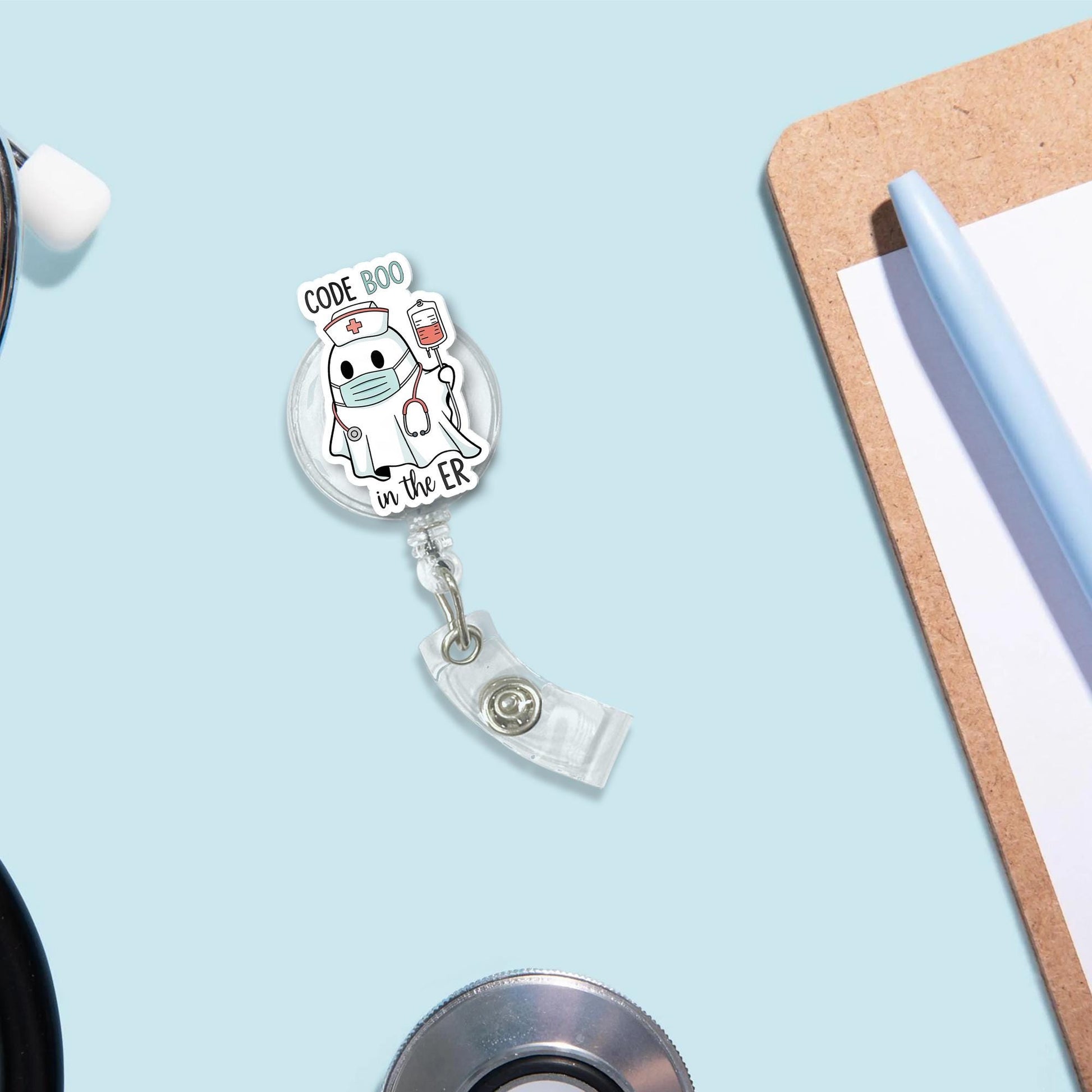 Code Boo ER Nurse Badge Reel - Cute Ghost Halloween Retractable ID Holder, Funny Medical Badge for rn, cna, Doctor, or Hospital Staff