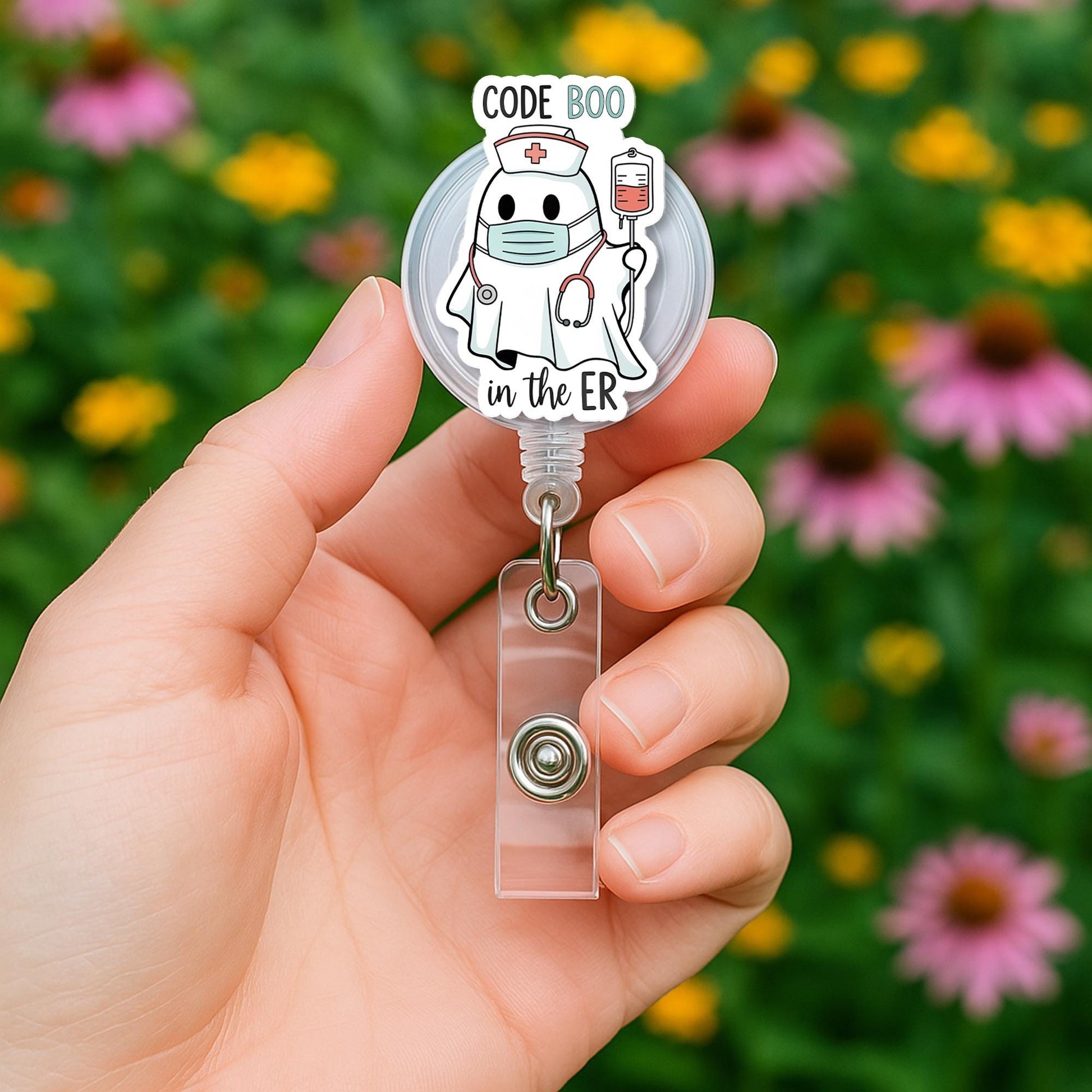Code Boo ER Nurse Badge Reel - Cute Ghost Halloween Retractable ID Holder, Funny Medical Badge for rn, cna, Doctor, or Hospital Staff