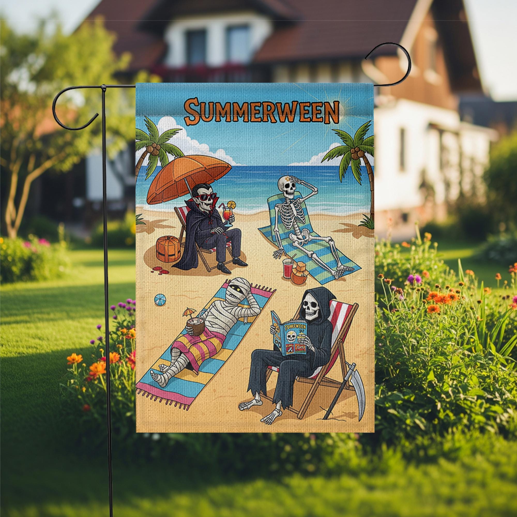 Summerween Garden Flag - Funny Halloween Summer Yard Decor - Skeleton Beach Party Flag