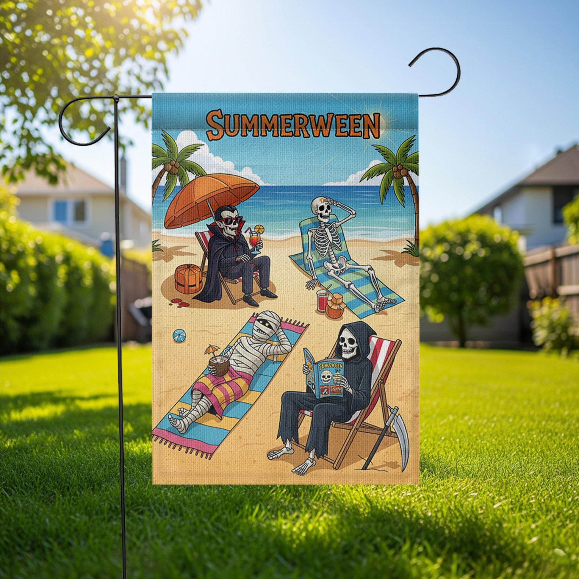 Summerween Garden Flag - Funny Halloween Summer Yard Decor - Skeleton Beach Party Flag