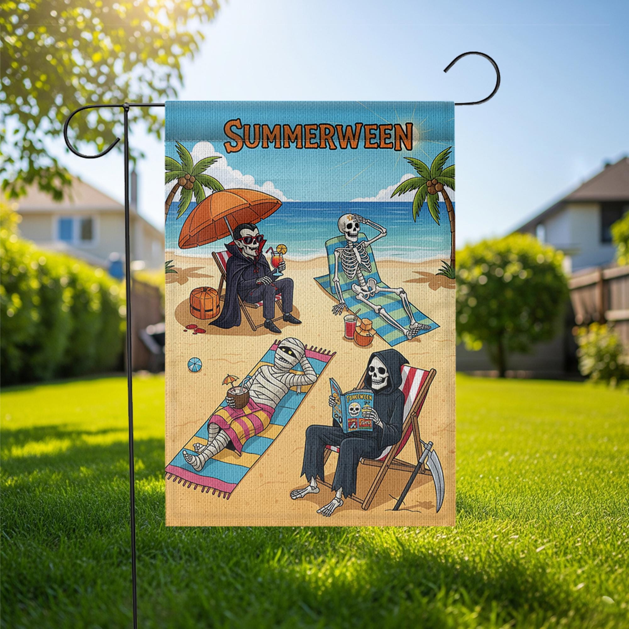 Summerween Garden Flag - Funny Halloween Summer Yard Decor - Skeleton Beach Party Flag