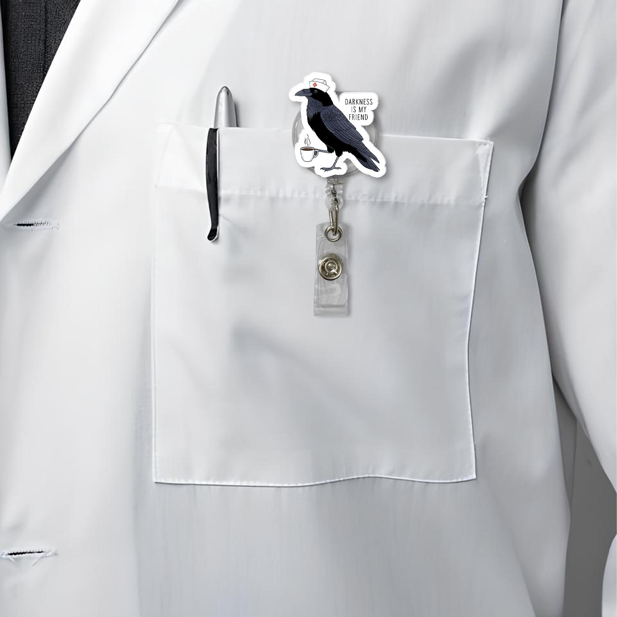 Darkness Is My Friend Crow Badge Reel - Funny Goth Nurse ID Holder with Coffee Cup, Raven Night Shift RN CNA Clip for Medical Workers