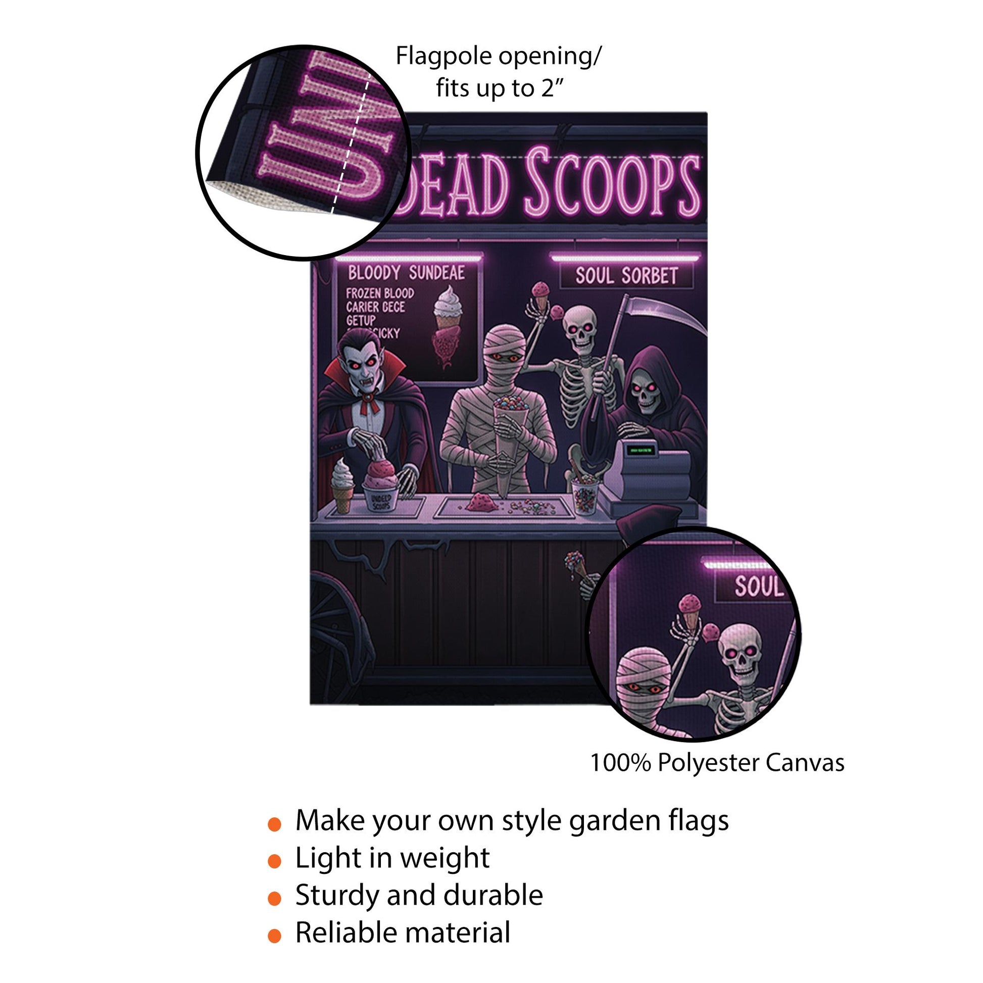 Undead Scoops Garden Flag - Funny Halloween Ice Cream Yard Decor - Spooky Monster Banner