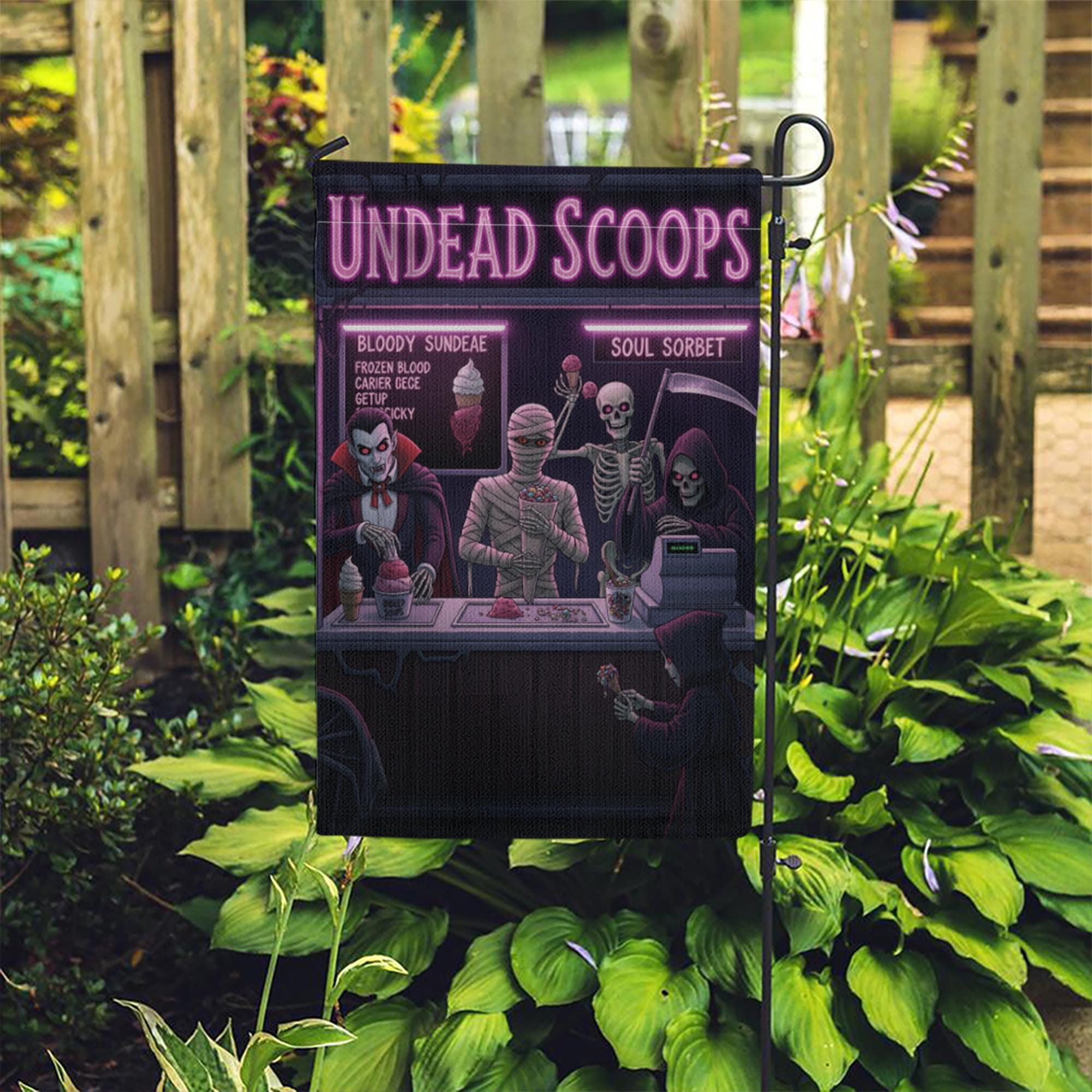 Undead Scoops Garden Flag - Funny Halloween Ice Cream Yard Decor - Spooky Monster Banner