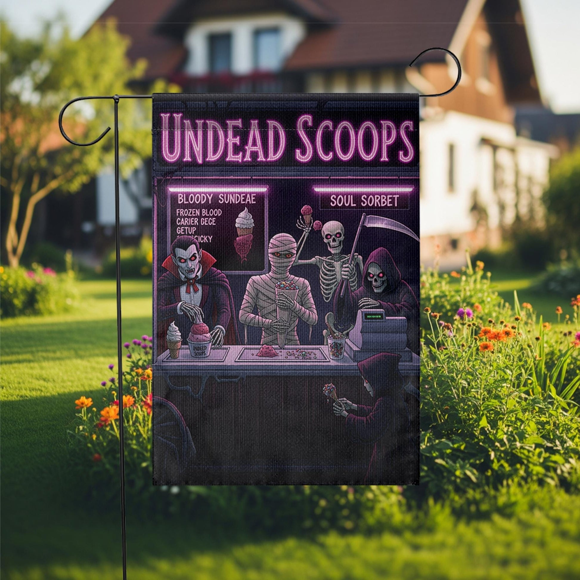 Undead Scoops Garden Flag - Funny Halloween Ice Cream Yard Decor - Spooky Monster Banner