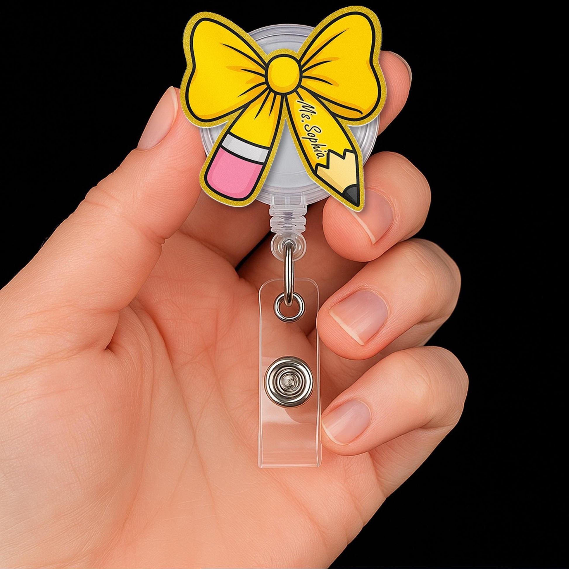 Bow Pencil Badge Reel, Custom Teacher Name ID Clip, Cute Retractable Badge Holder, Back to School Gift for Teacher, Teacher Accessories