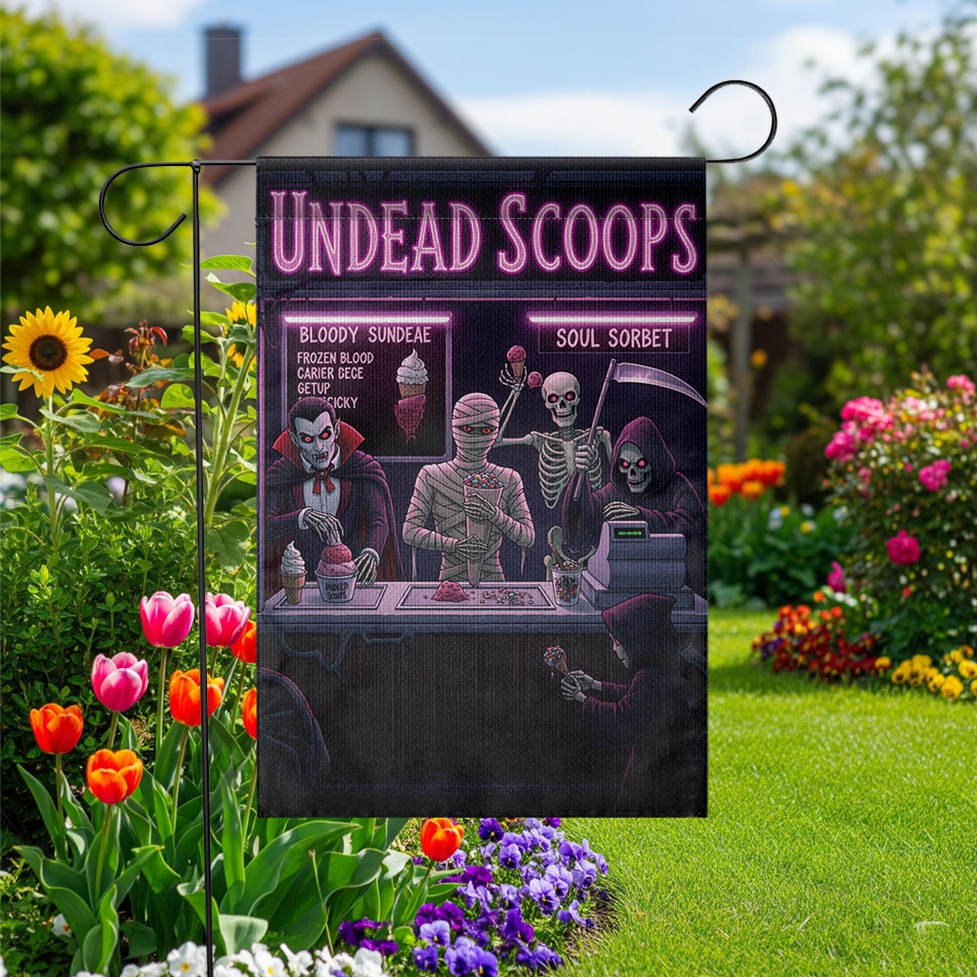 Undead Scoops Garden Flag - Funny Halloween Ice Cream Yard Decor - Spooky Monster Banner