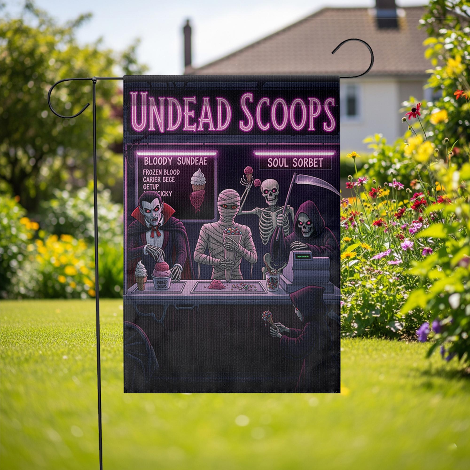 Undead Scoops Garden Flag - Funny Halloween Ice Cream Yard Decor - Spooky Monster Banner