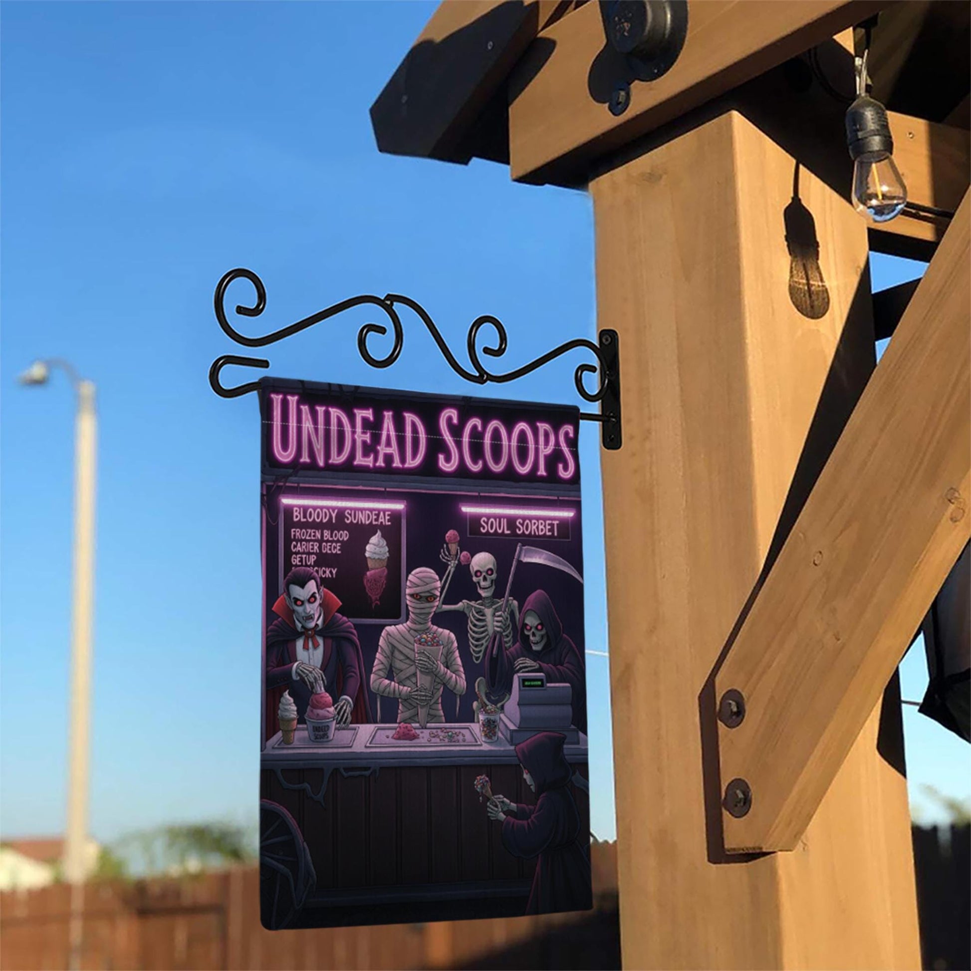Undead Scoops Garden Flag - Funny Halloween Ice Cream Yard Decor - Spooky Monster Banner