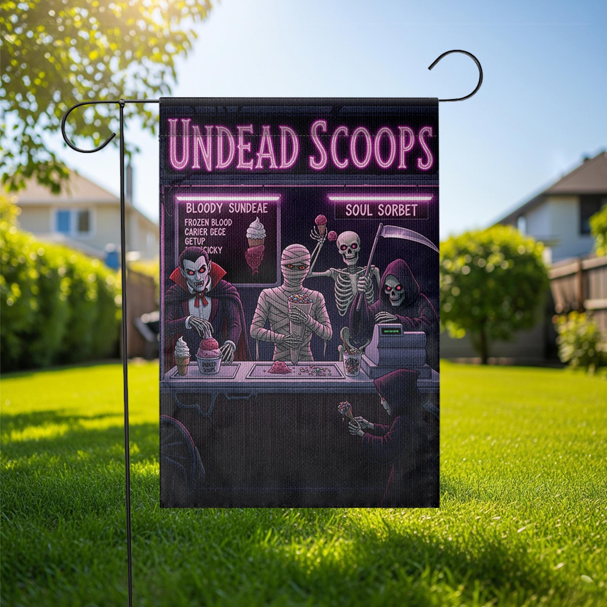 Undead Scoops Garden Flag - Funny Halloween Ice Cream Yard Decor - Spooky Monster Banner