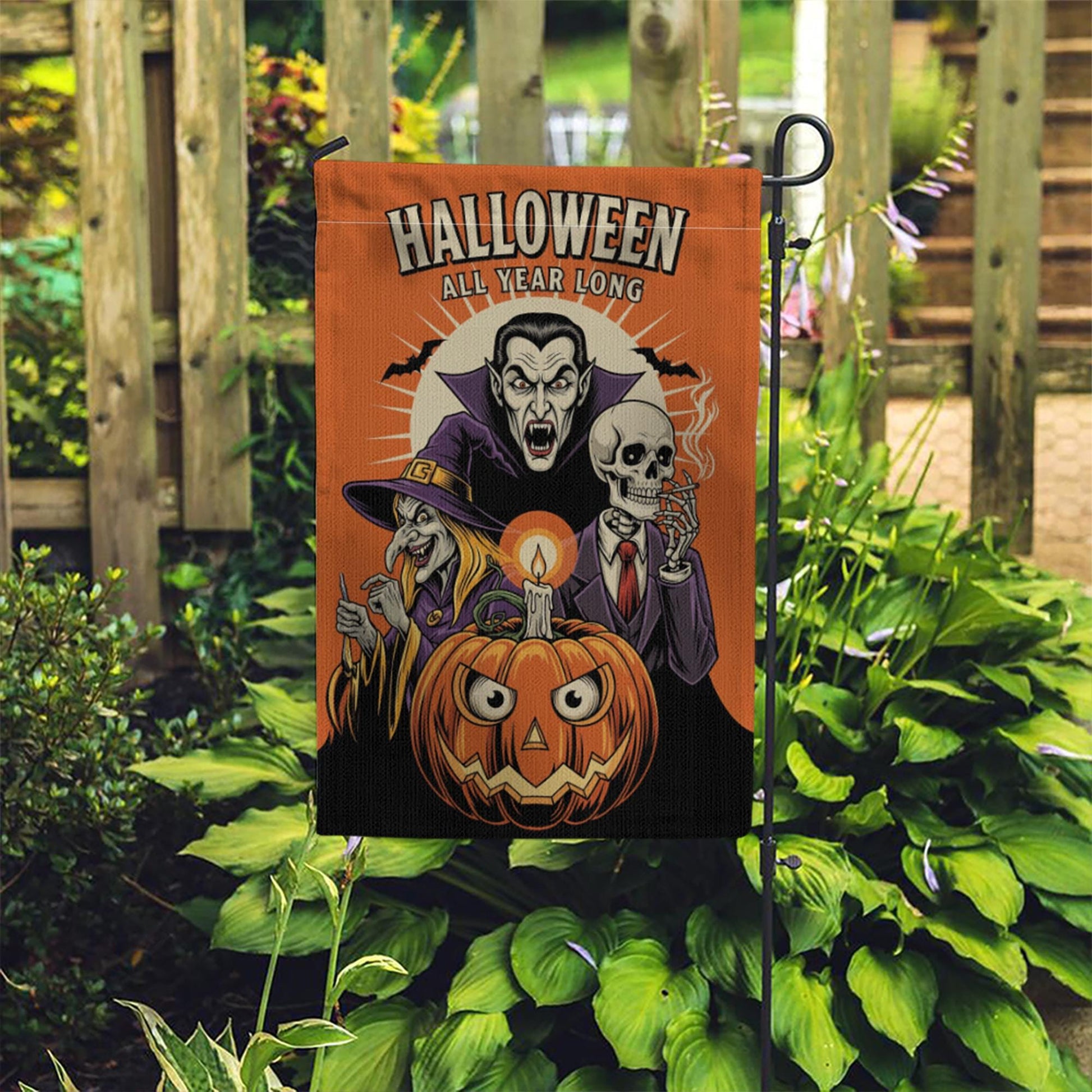 Funny Halloween Garden Flag, Spooky Pumpkin Witch Vampire Skeleton Yard Decor, Halloween All Year Outdoor Decoration