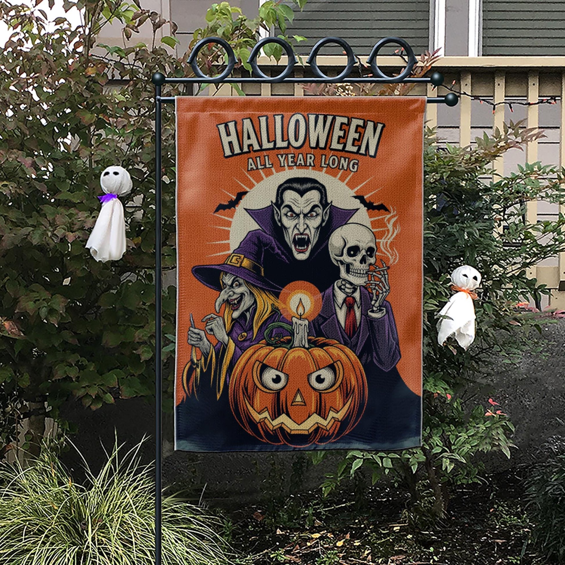 Funny Halloween Garden Flag, Spooky Pumpkin Witch Vampire Skeleton Yard Decor, Halloween All Year Outdoor Decoration
