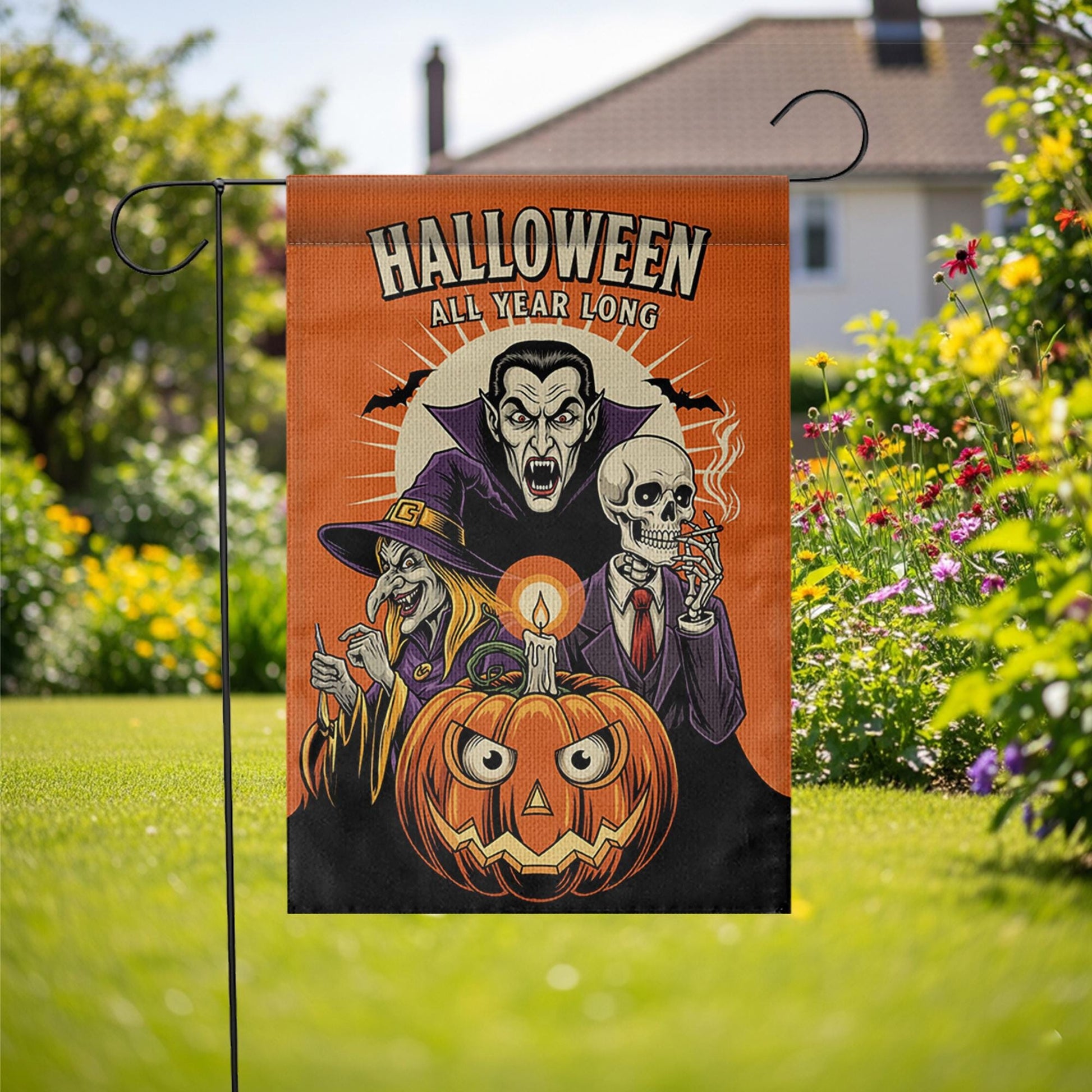 Funny Halloween Garden Flag, Spooky Pumpkin Witch Vampire Skeleton Yard Decor, Halloween All Year Outdoor Decoration
