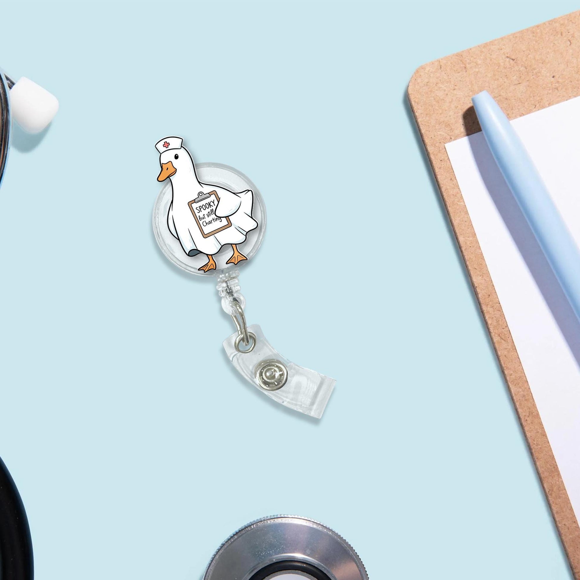 Spooky but Still Charting Duck Badge Reel - Funny Halloween Nurse ID Holder, Ghost Goose RN CNA Clip for Medical and Hospital Staff