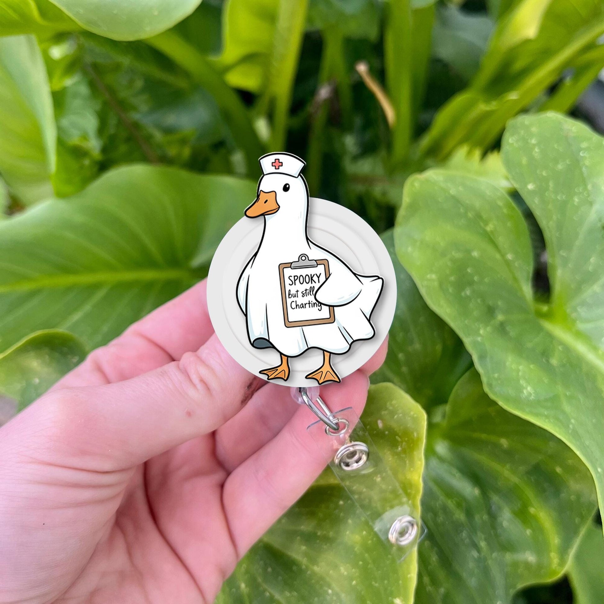Spooky but Still Charting Duck Badge Reel - Funny Halloween Nurse ID Holder, Ghost Goose RN CNA Clip for Medical and Hospital Staff