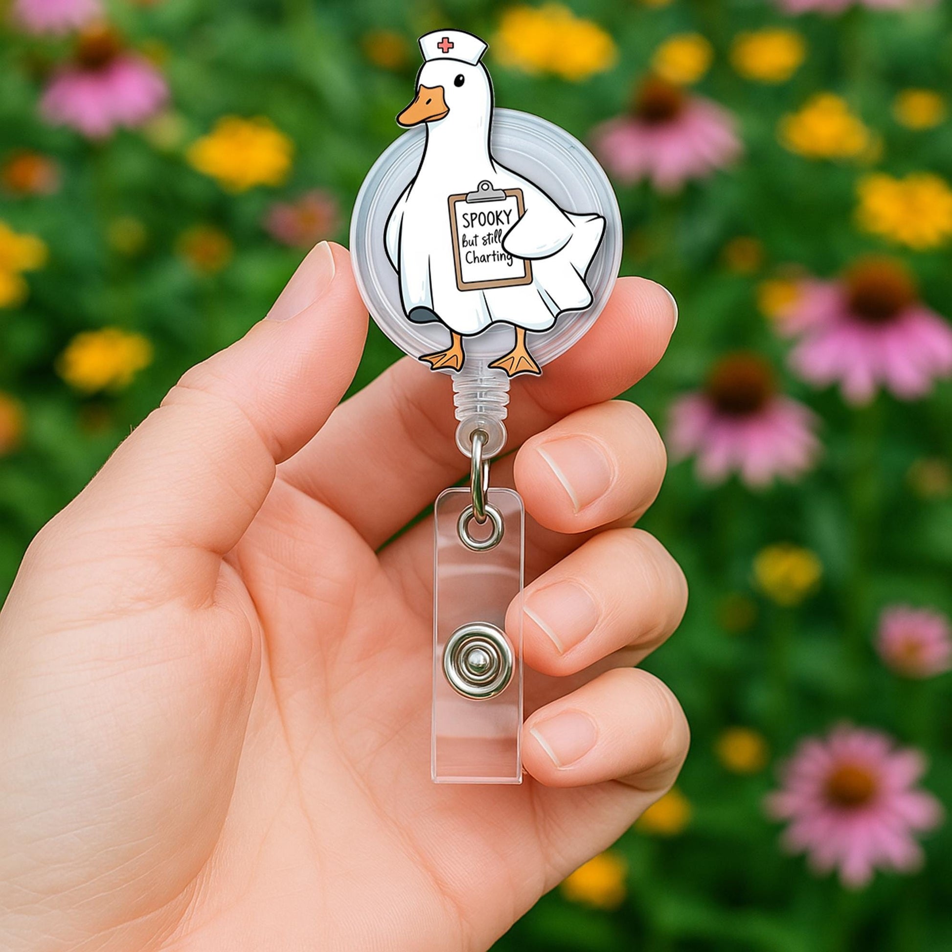Spooky but Still Charting Duck Badge Reel - Funny Halloween Nurse ID Holder, Ghost Goose RN CNA Clip for Medical and Hospital Staff