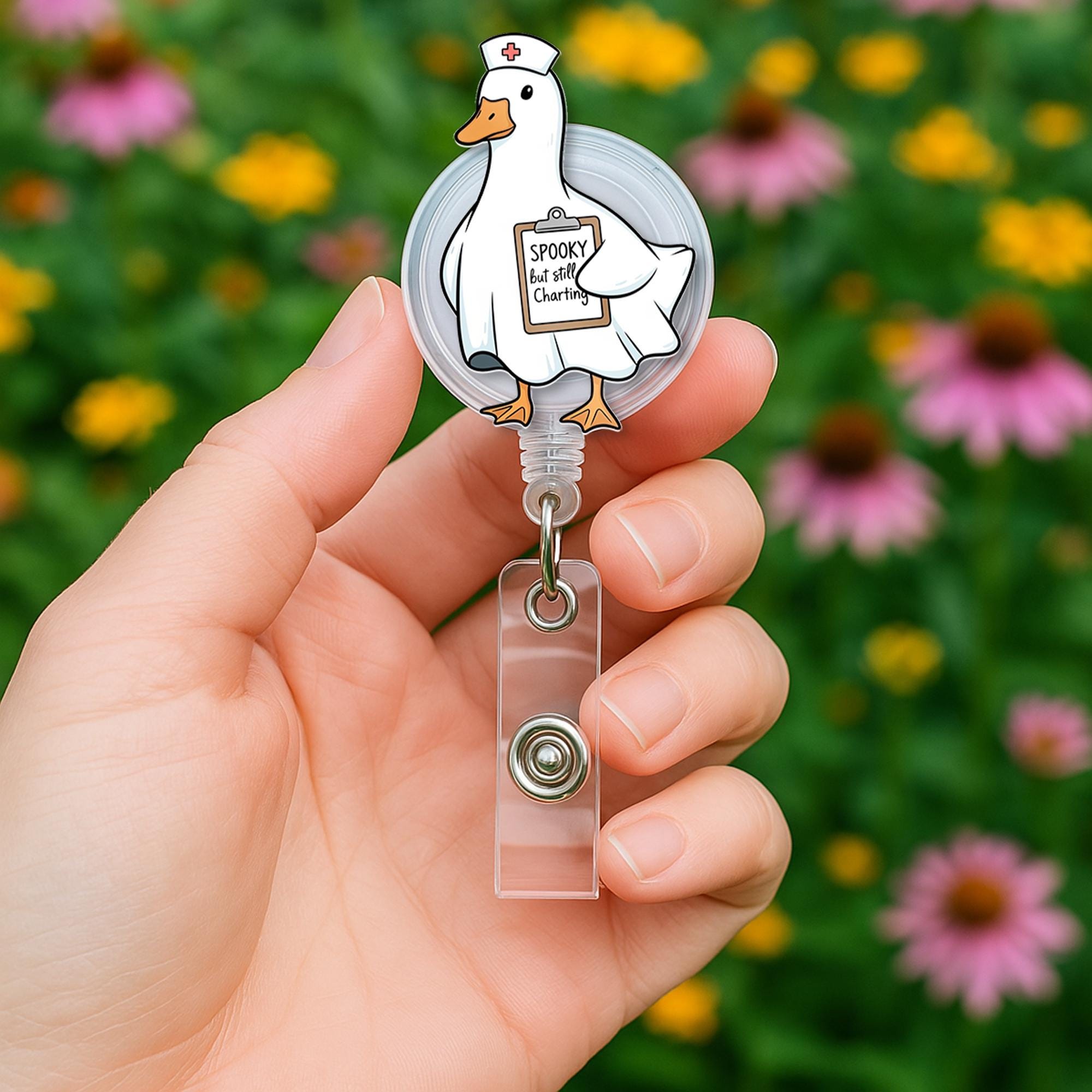 Spooky but Still Charting Duck Badge Reel - Funny Halloween Nurse ID Holder, Ghost Goose RN CNA Clip for Medical and Hospital Staff