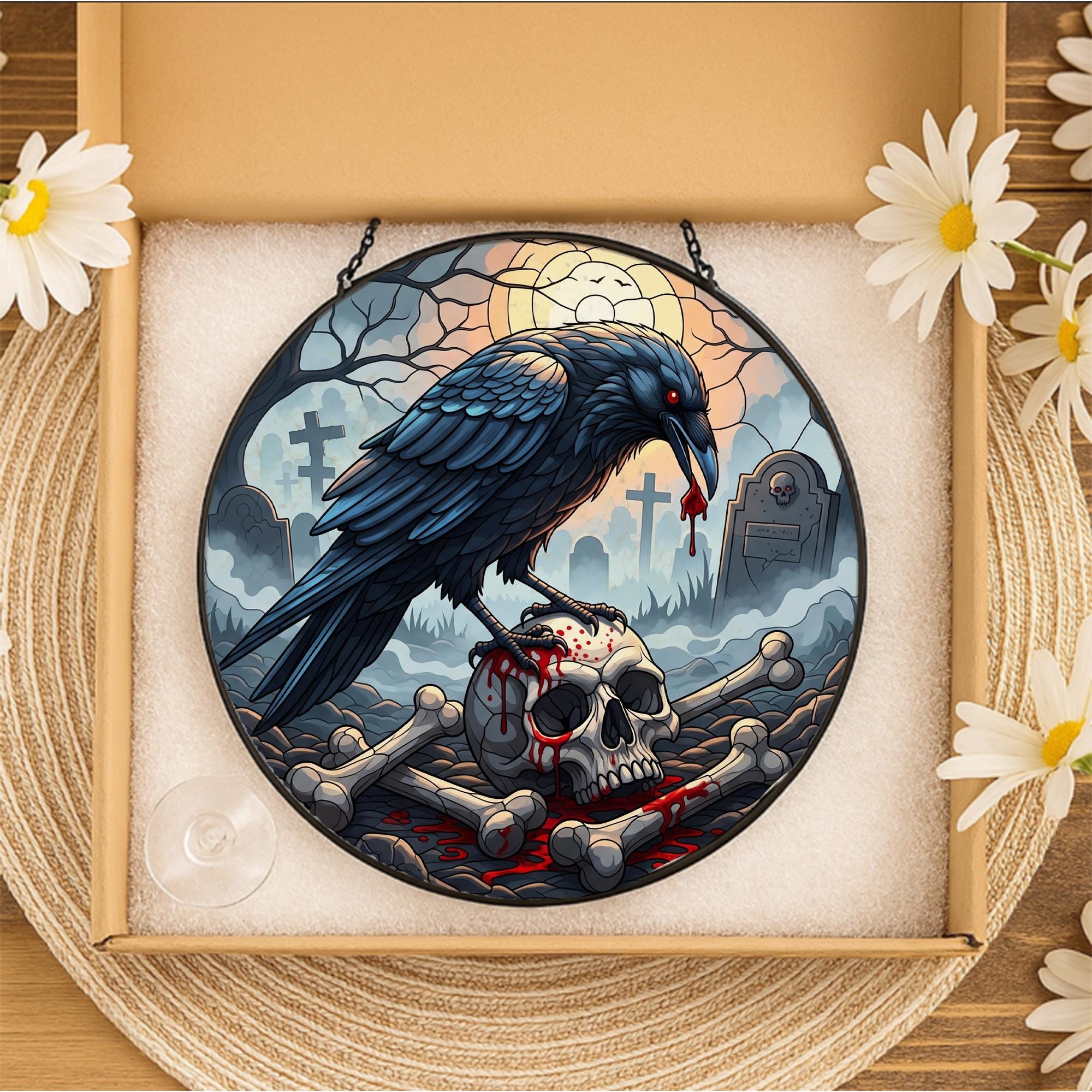 Raven Skull Suncatcher - Gothic Halloween Graveyard Window Decor - Crow and Bones Art