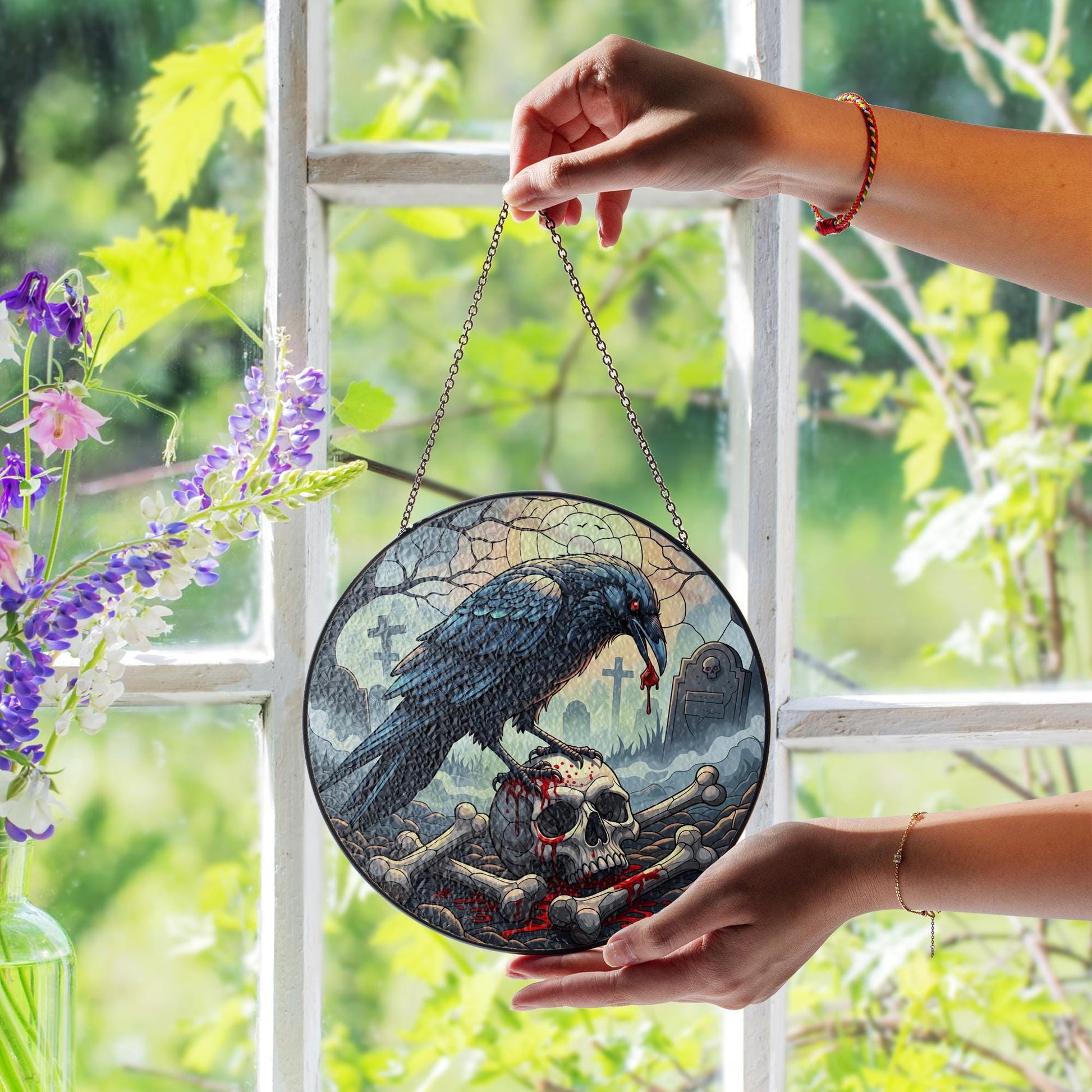 Raven Skull Suncatcher - Gothic Halloween Graveyard Window Decor - Crow and Bones Art